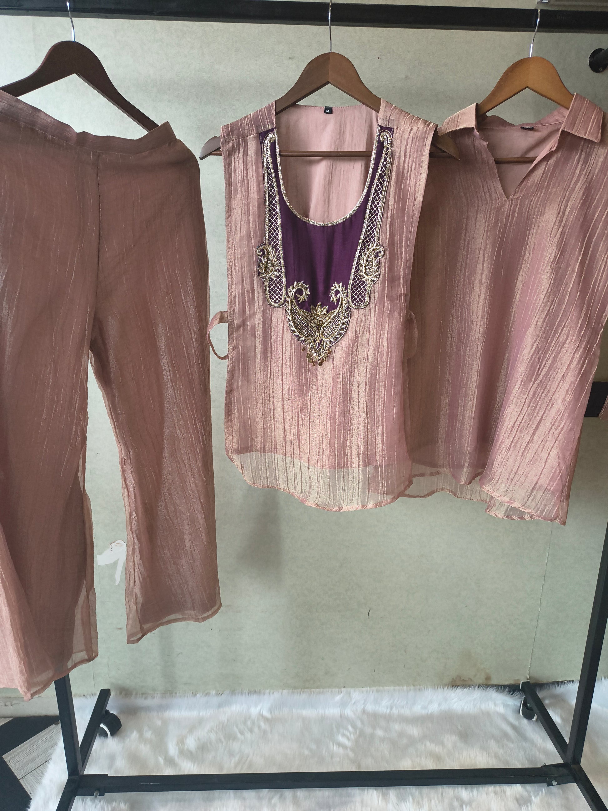 Premium Champagne Tissue Silk Embroidered Kurta with Hand Embellished Statement Yoke (Copy)