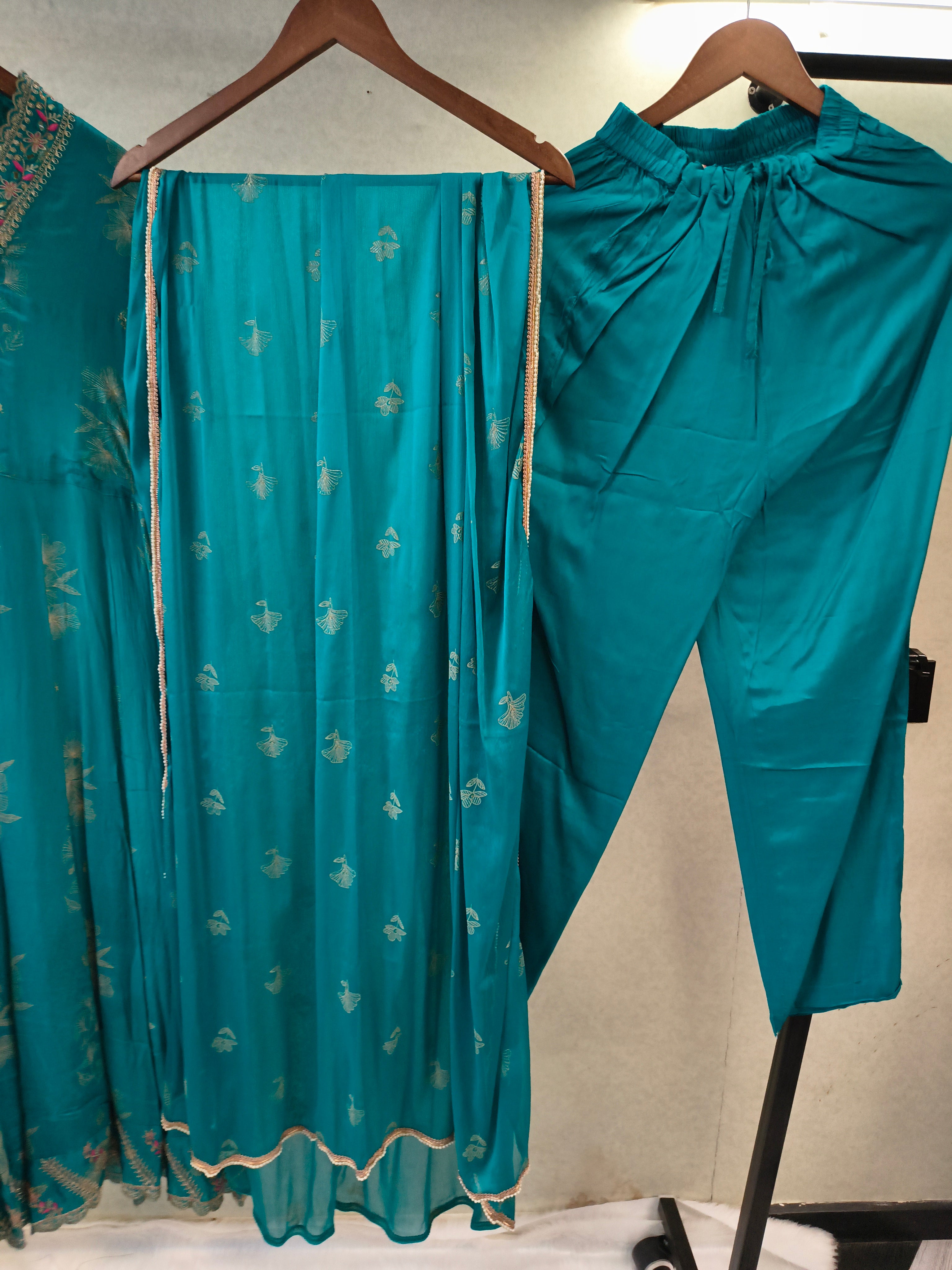 Image of Teal Blue Floral Embroidered Anarkali Kurta Set with Straight Pants & Embroidered Chiffon Dupatta | Premium 3 Piece Festive Ensemble