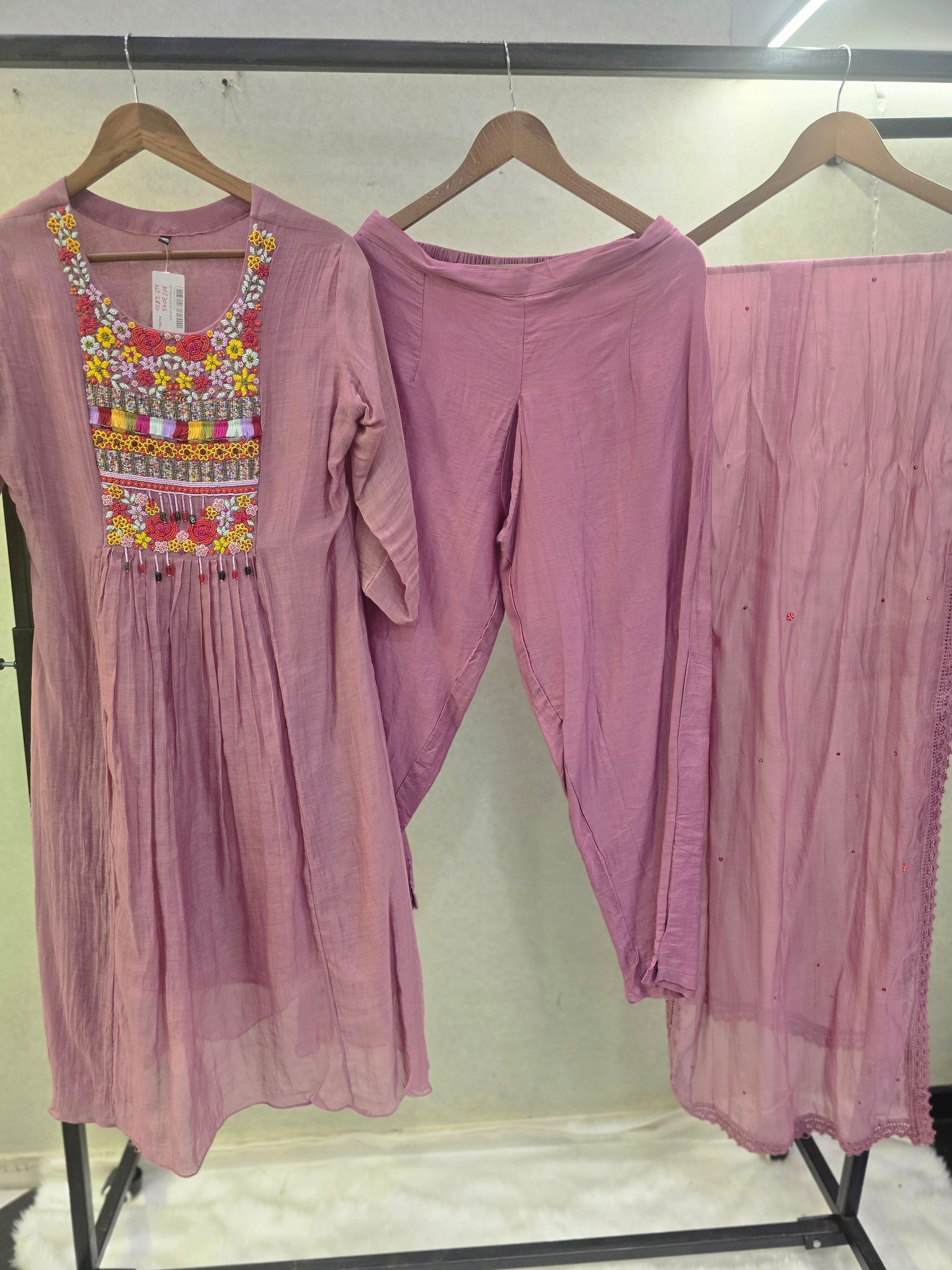 Dusty Mauve Embroidered Yoke Kurta Set with Chiffon Dupatta | Premium 3 Piece Ethnic Suit