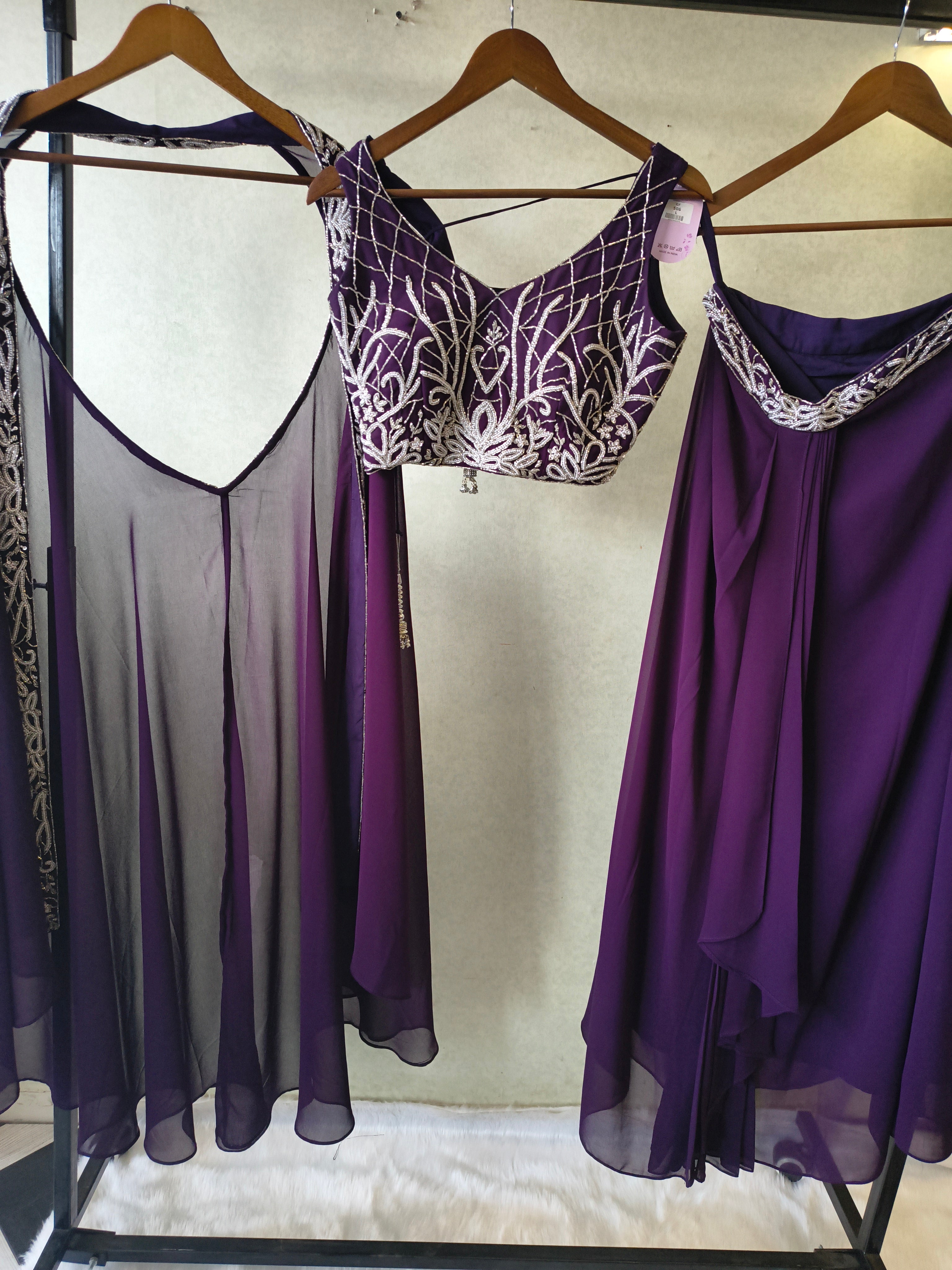 Image of Royal Purple Embroidered Designer Blouse with Drape Palazzo & Embroidered Cape – 3 Piece Indo-Western Party Wear Set