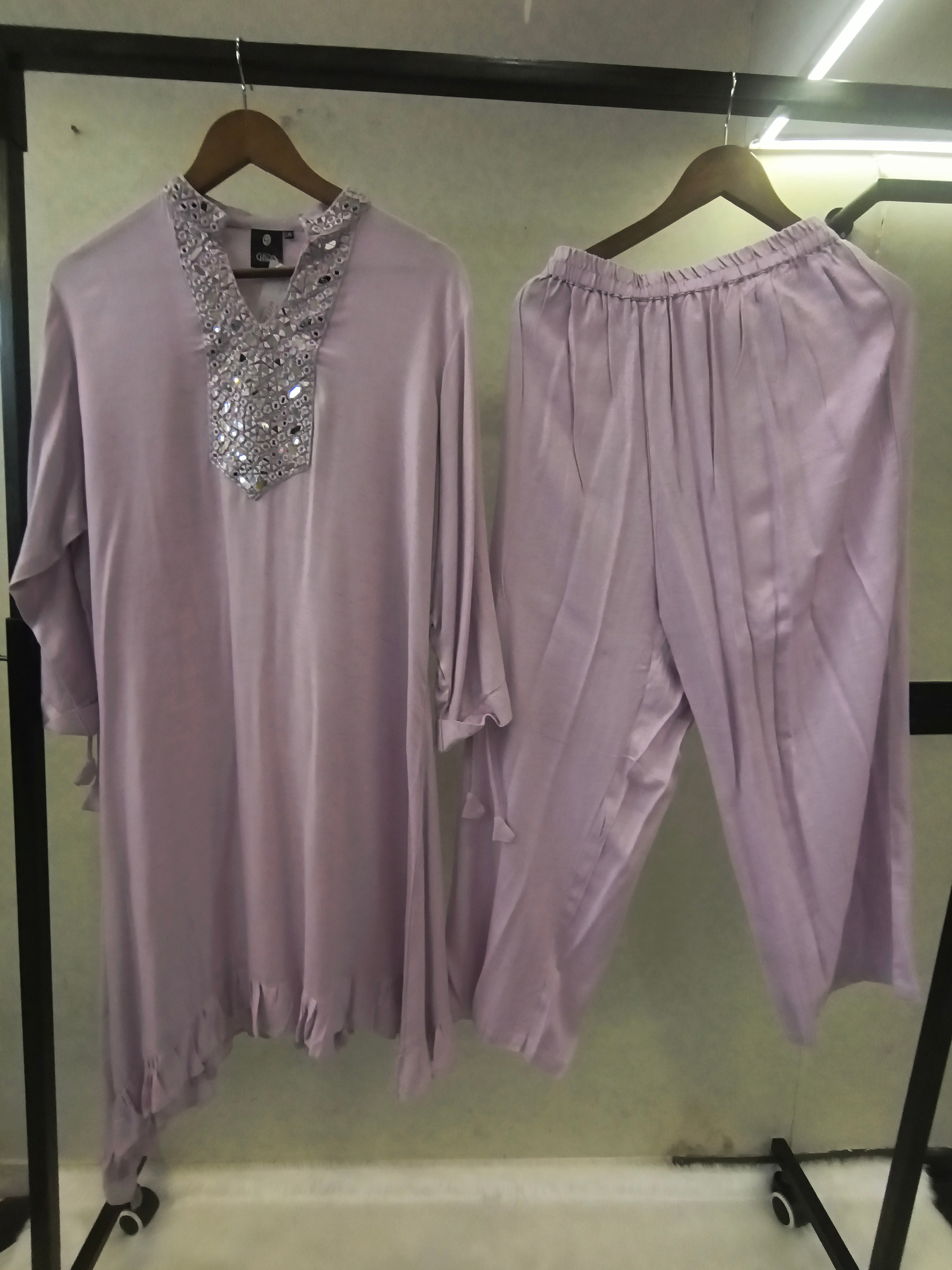 Image of Premium Lilac Mirror Work Co-Ord Kurta Set with Designer Embellished Neckline