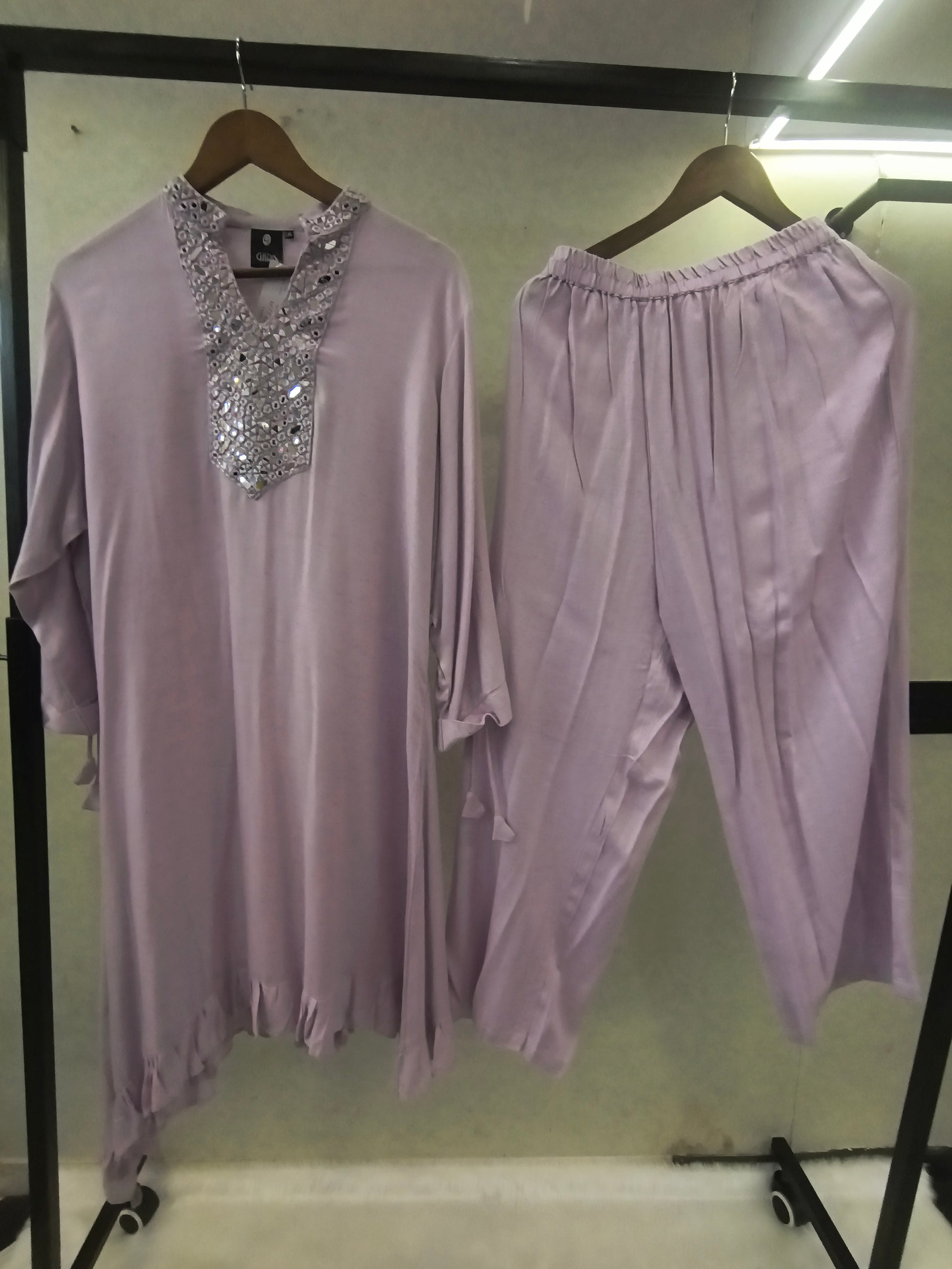 Premium Lilac Mirror Work Co-Ord Kurta Set with Designer Embellished Neckline