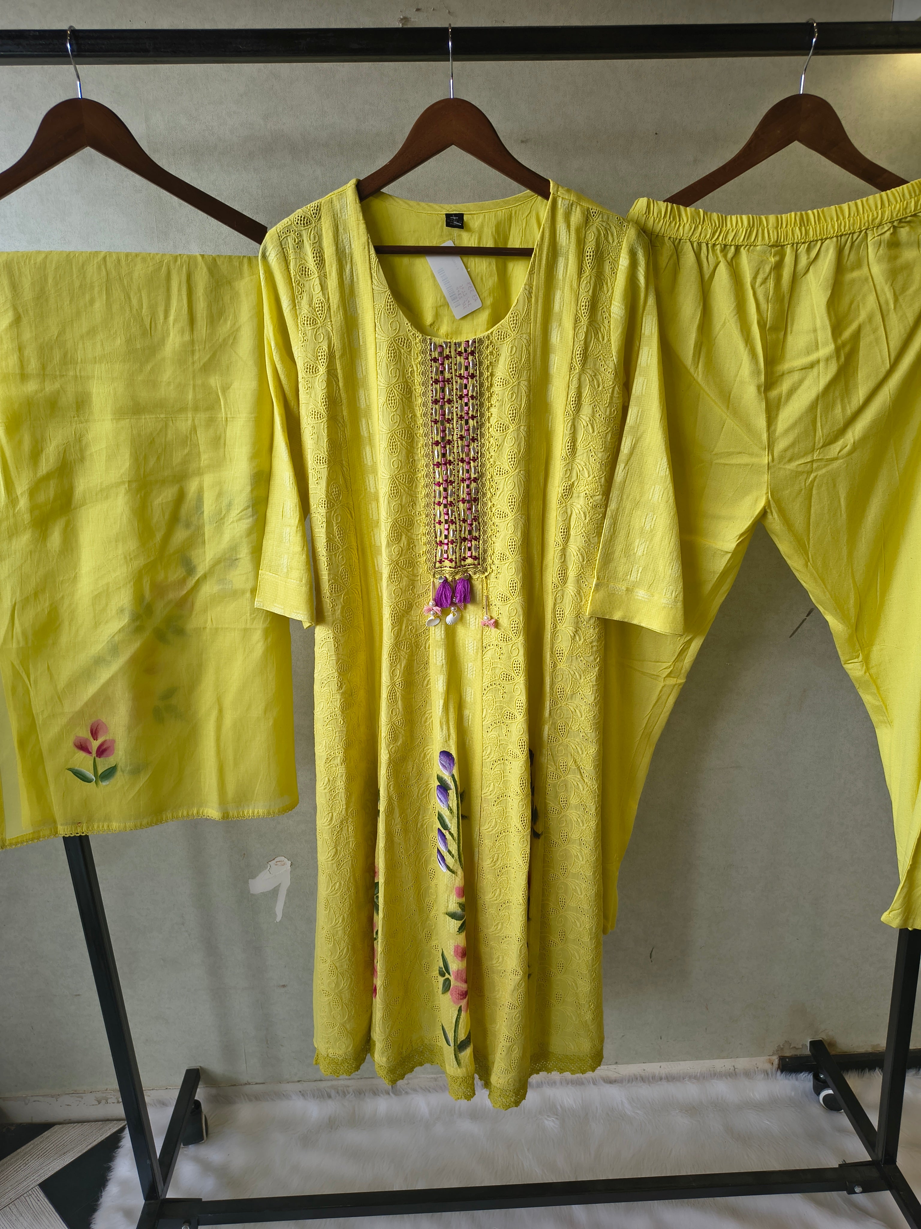 Image of Premium Sunshine Yellow Schiffli Embroidered Kurta Set with Floral Handwork & Dupatta