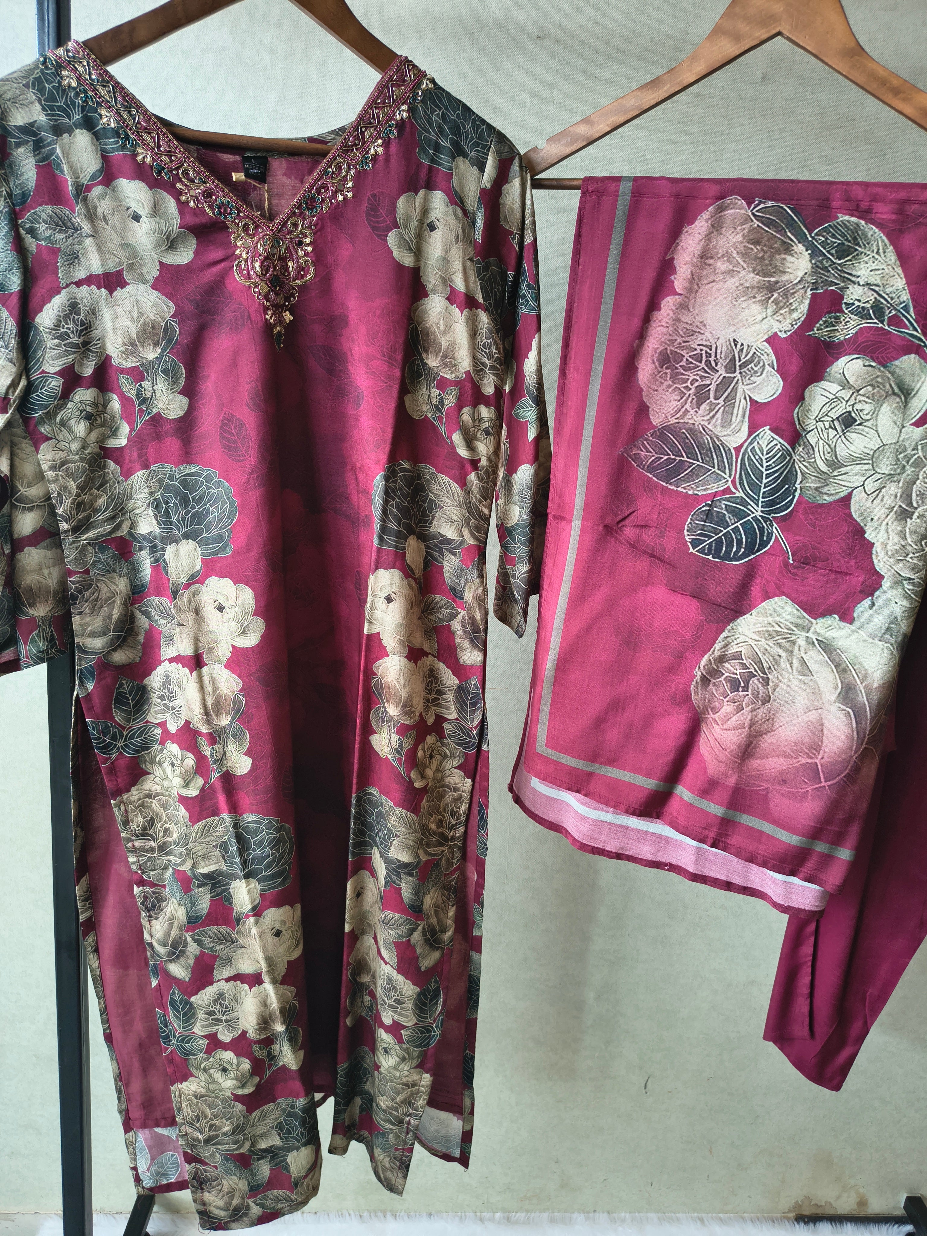 Image of Premium Wine Floral Printed Kurta Set with Solid Pants & Printed Dupatta