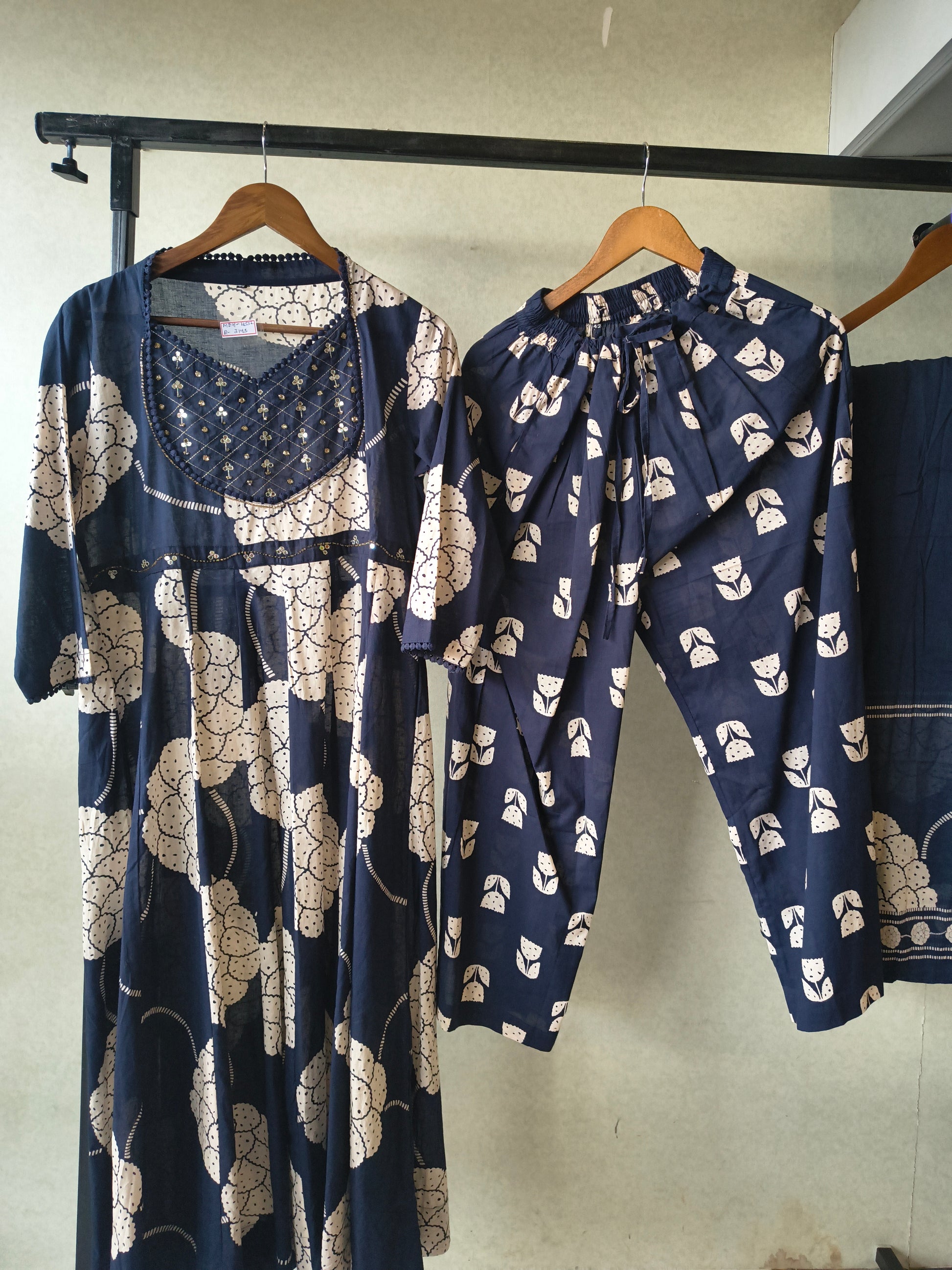Premium Navy Blue Handblock Printed Cotton Anarkali Suit Set with Printed Pants & Dupatta