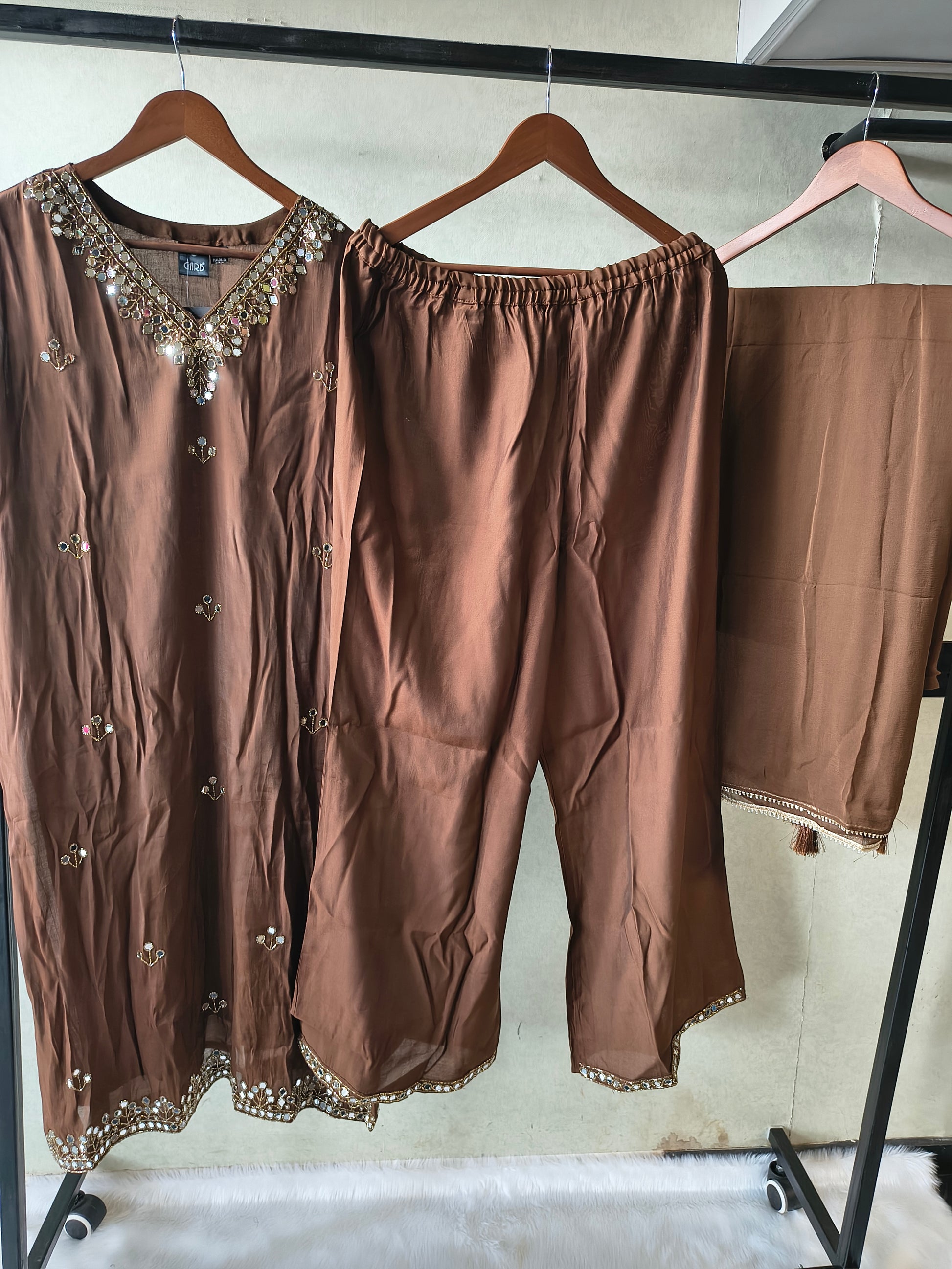 Premium Chocolate Brown Embellished Kurta Set with Mirror Work & Tassel Dupatta