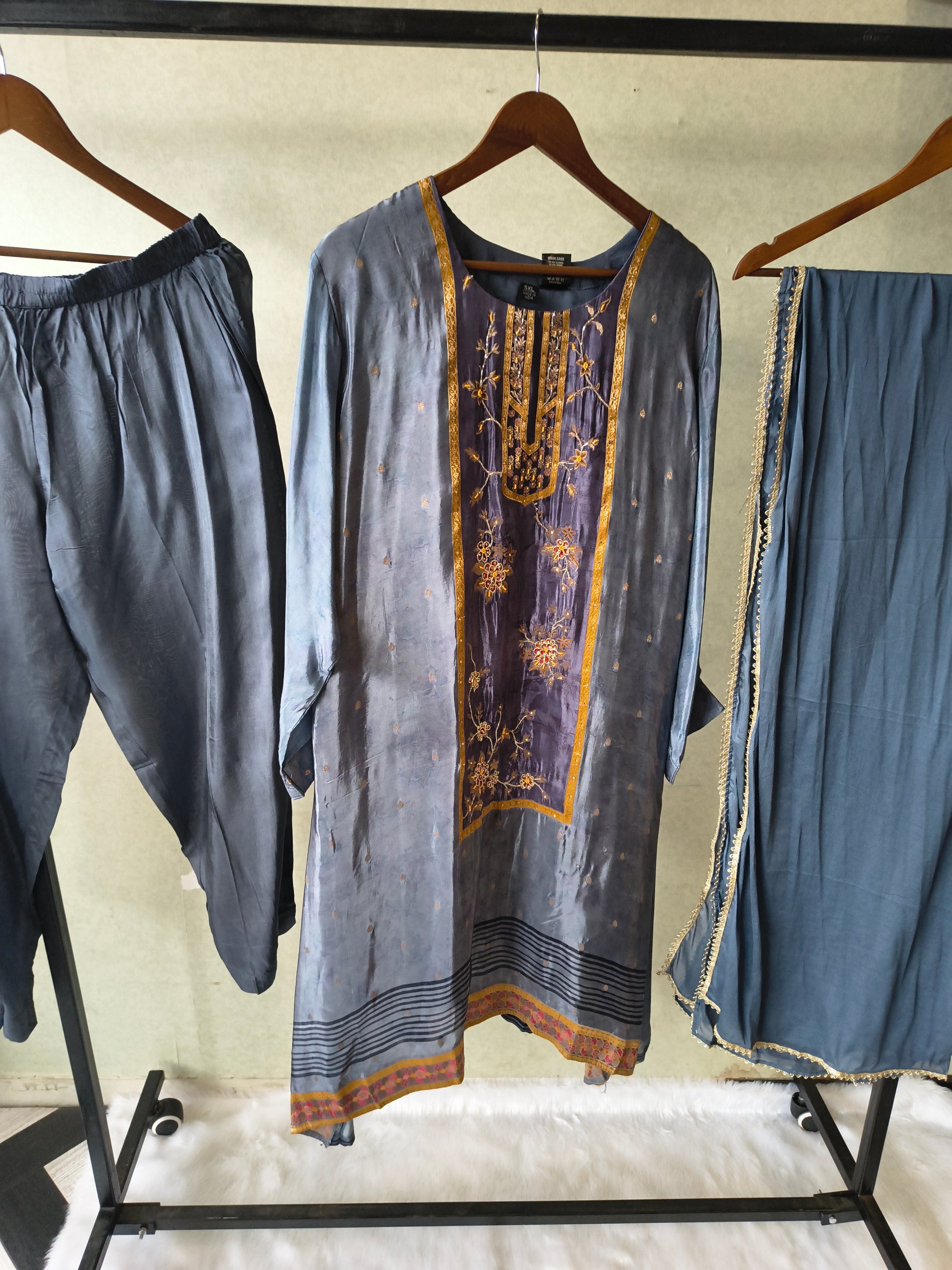 Steel Blue Designer Silk Blend Embroidered Kurta Set with Pants & Dupatta