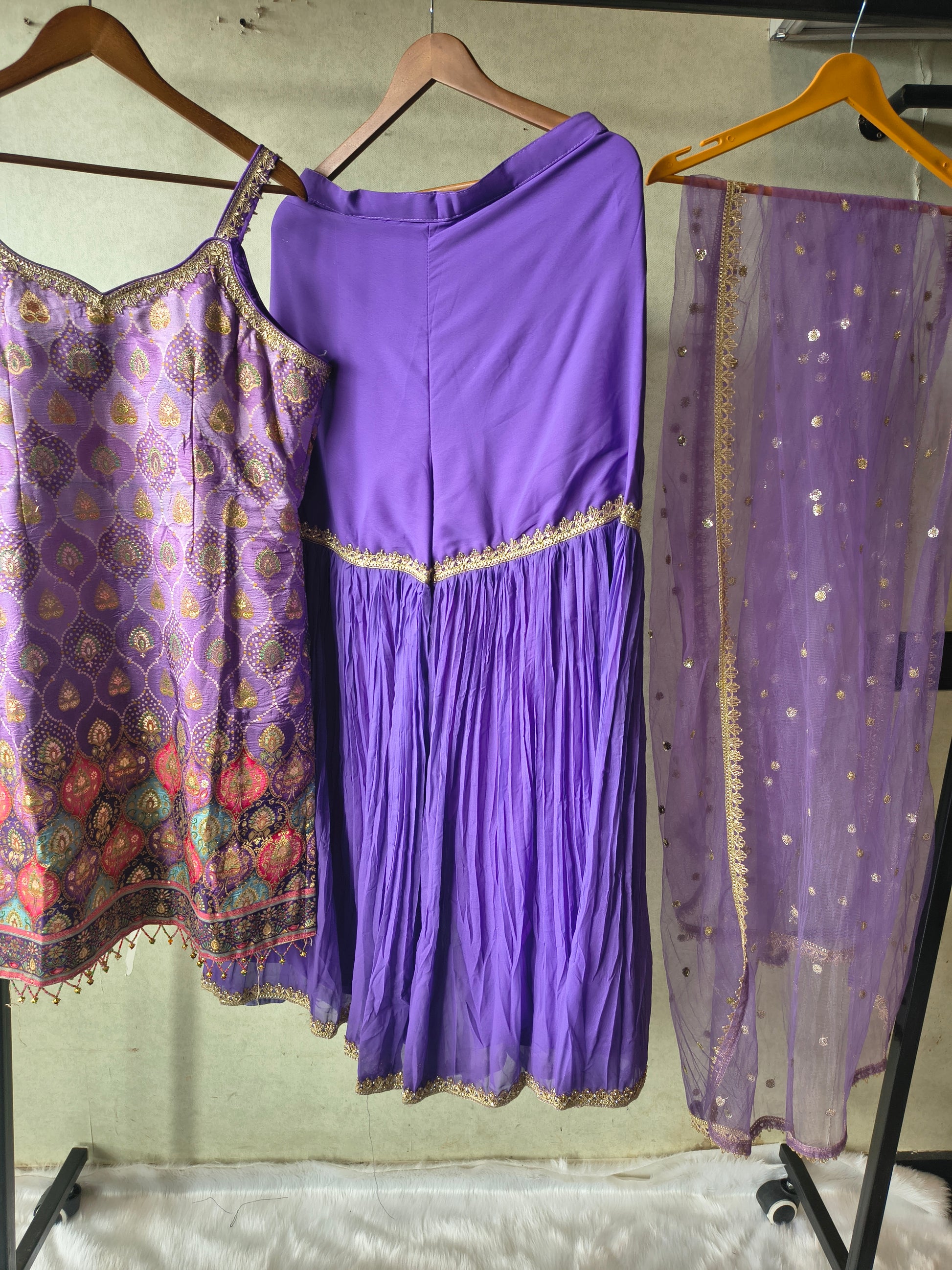 Lavender Brocade Kurti Sharara Set with Sequinned Dupatta – Premium 3 Piece Festive Ensemble