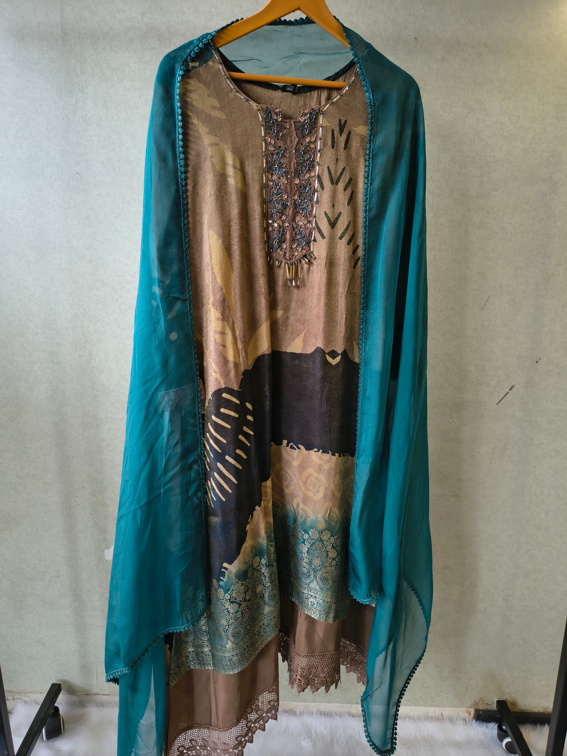 Premium Abstract Print Straight Kurta with Cigarette Pants & Dupatta Set