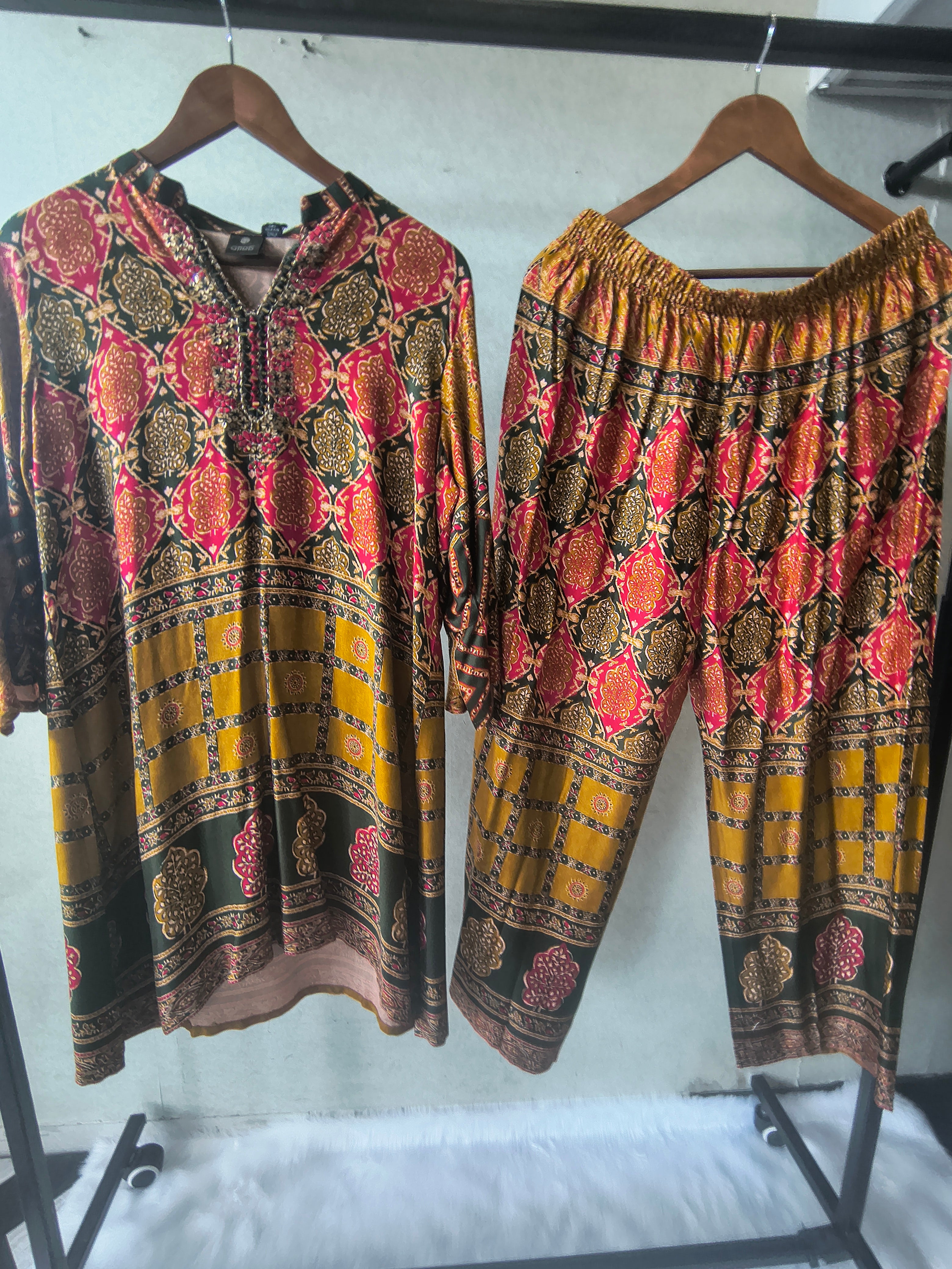 Image of Premium Olive Green & Mustard Heritage Print Co-Ord Kurta Set with Straight Pants