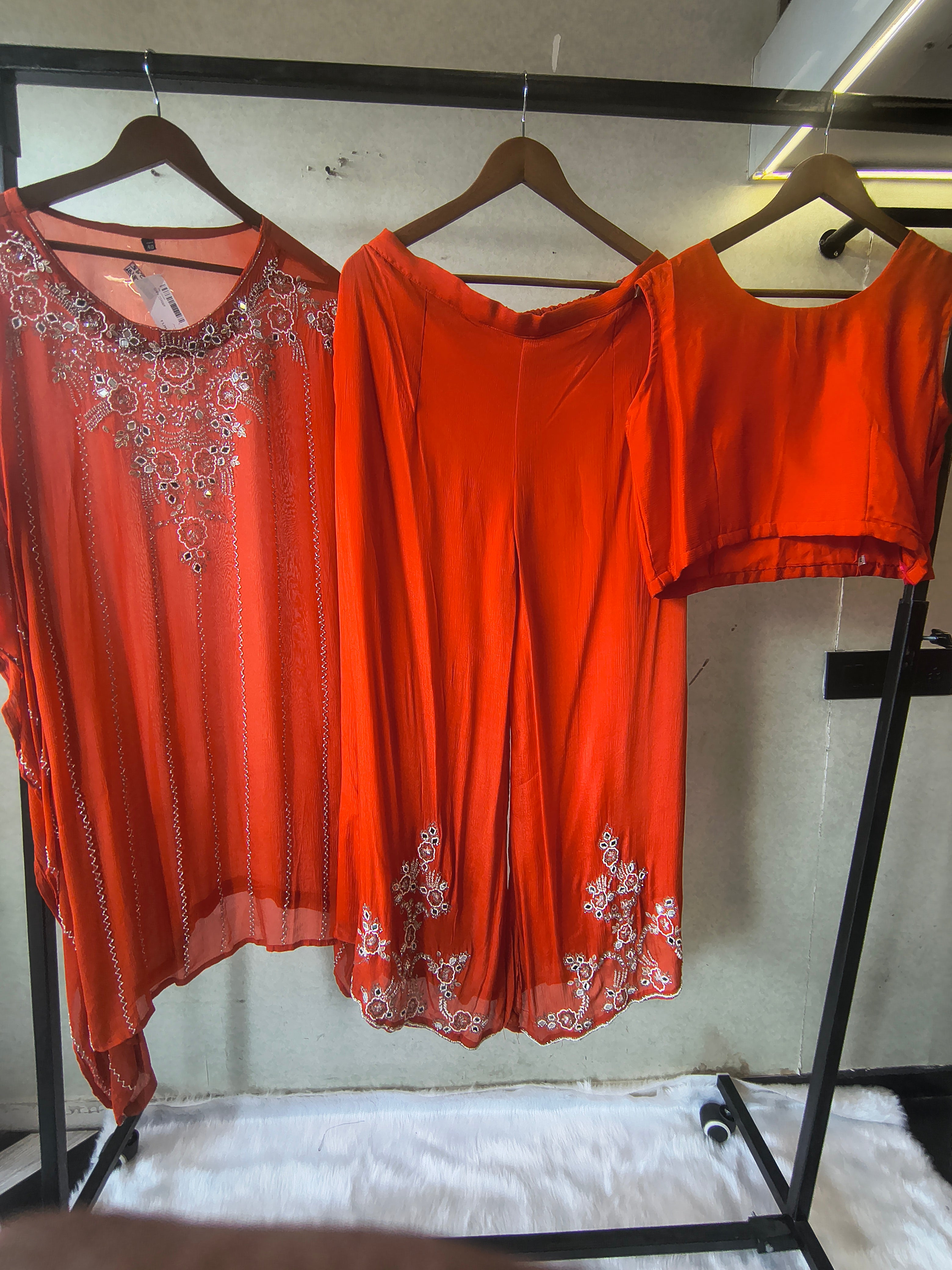 Image of Rust Orange Embroidered Kaftan Co-Ord Set with Palazzo & Blouse – Designer 3 Piece Indo-Western Fusion Wear