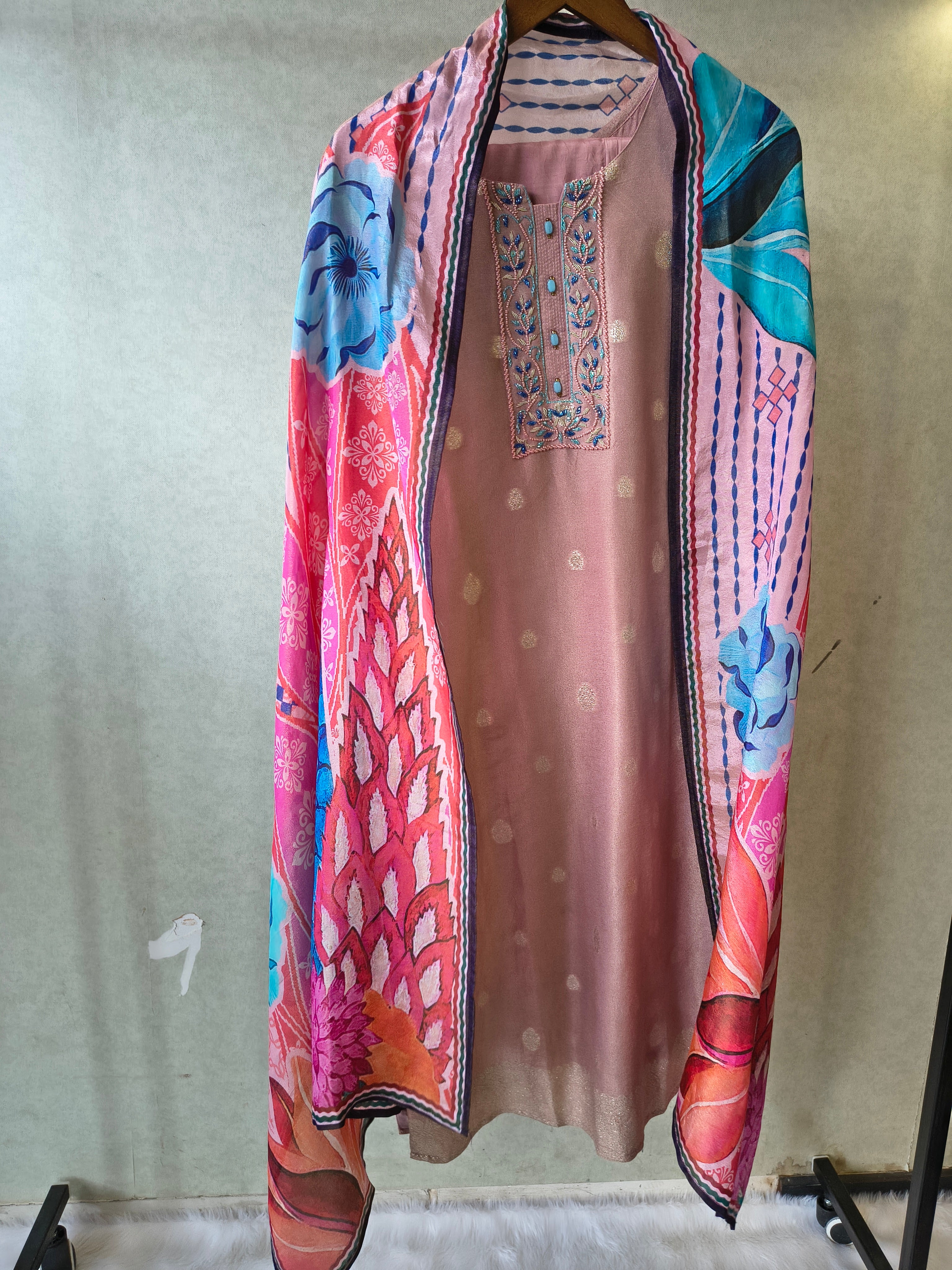 Image of Premium Blush Pink Embroidered Straight Kurta with Cigarette Pants & Designer Printed Dupatta Set