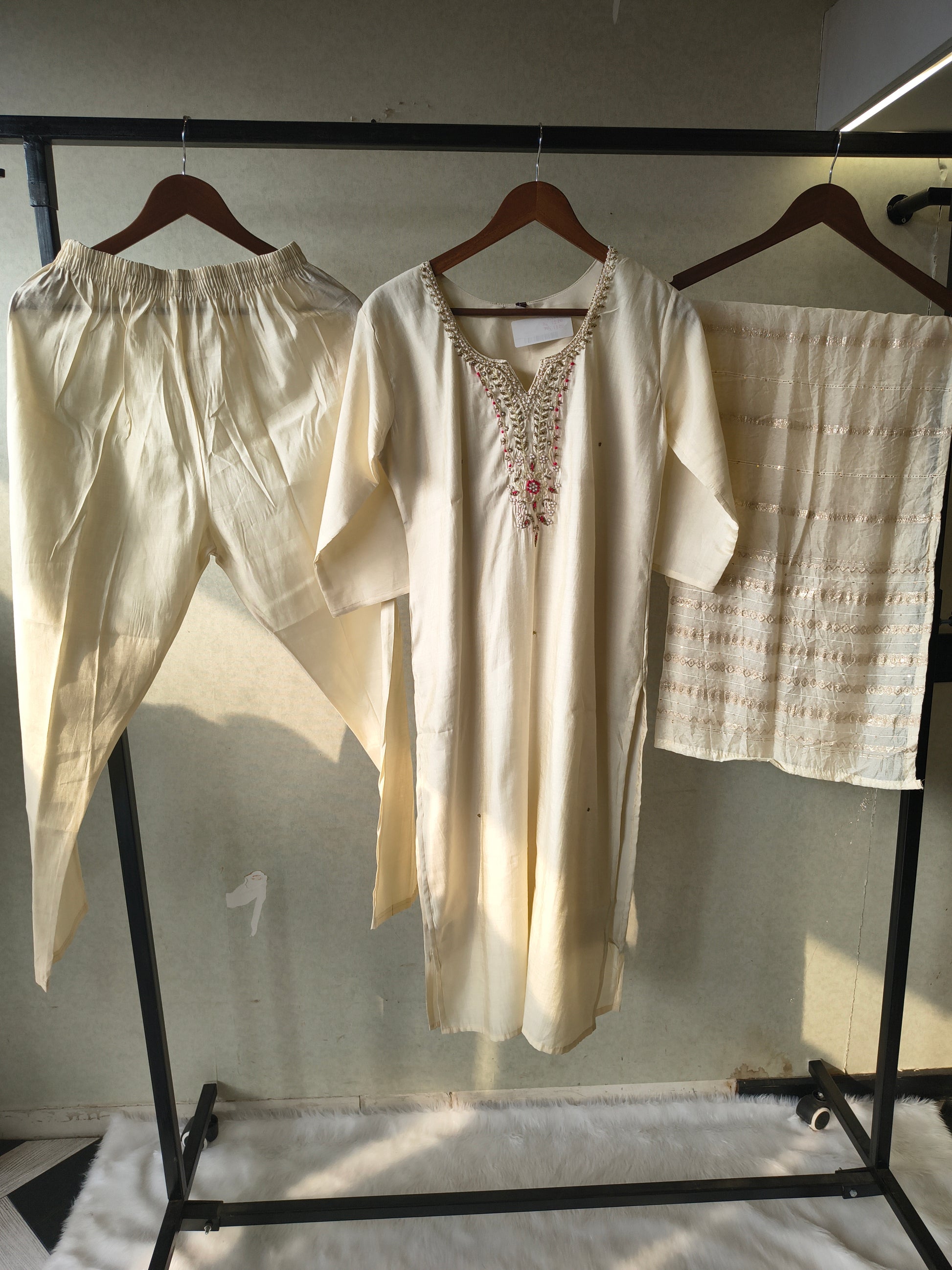Premium Ivory Hand-Embroidered Straight Kurta with Cotton Pants & Woven Dupatta Set