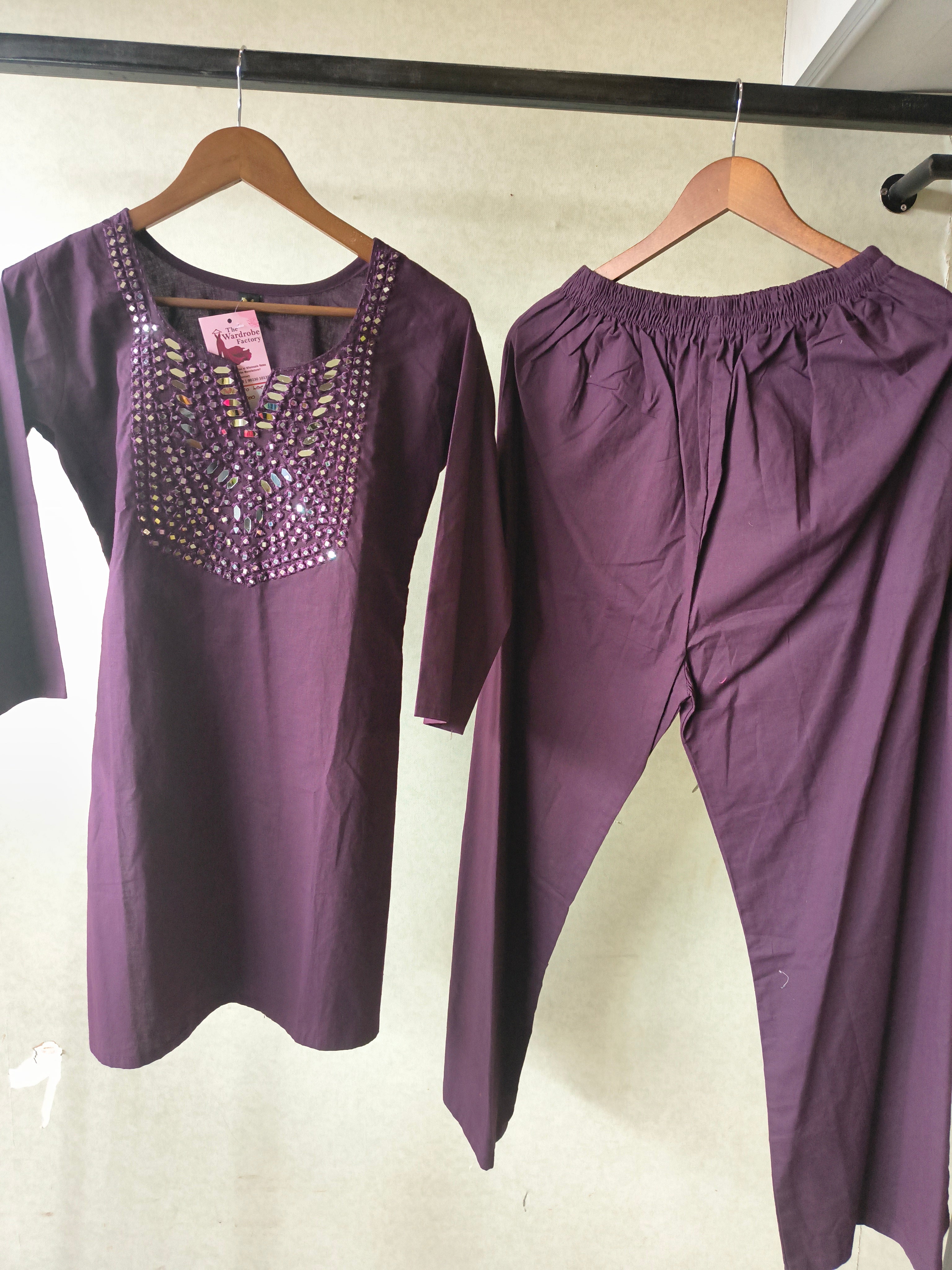 Image of Premium Deep Wine Straight Kurta Set with Mirror Embellished Yoke & Solid Palazzo Pants