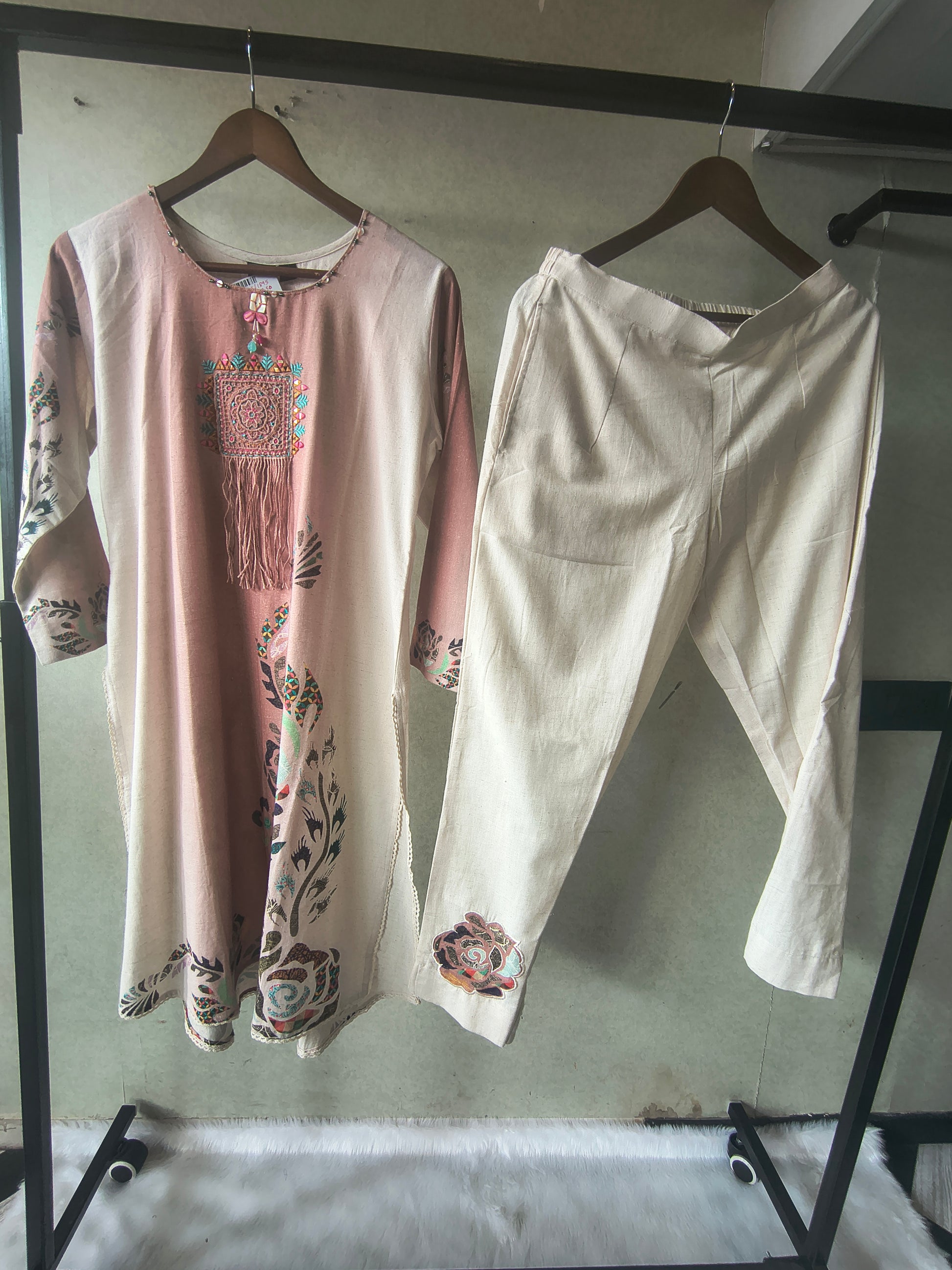 Premium Blush Pink Linen Blend Kurta Set with Handcrafted Embroidered Tassel Patch & Embroidered Pants