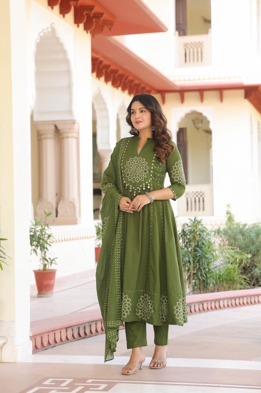 Pure Mull Cotton Bandhani 3 Piece Anarkali Set