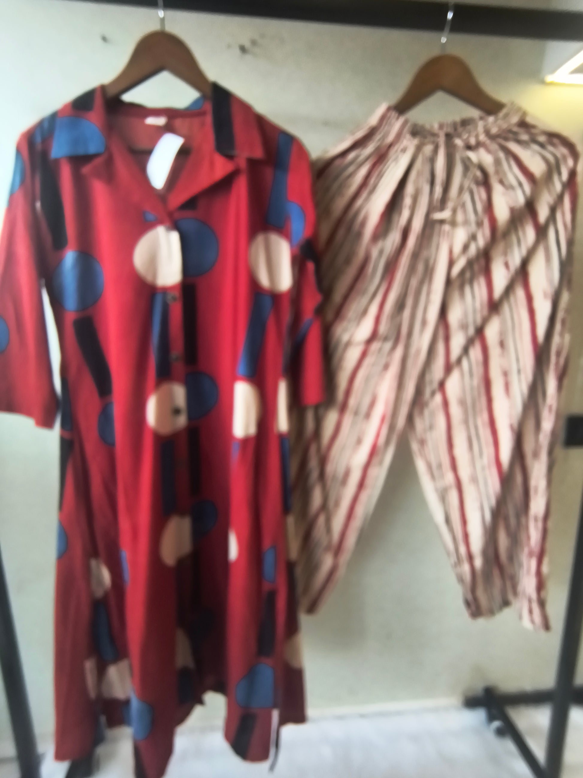 Premium Rust Red Abstract Printed Shirt Kurta with Striped Relaxed Pants Co-Ord Set