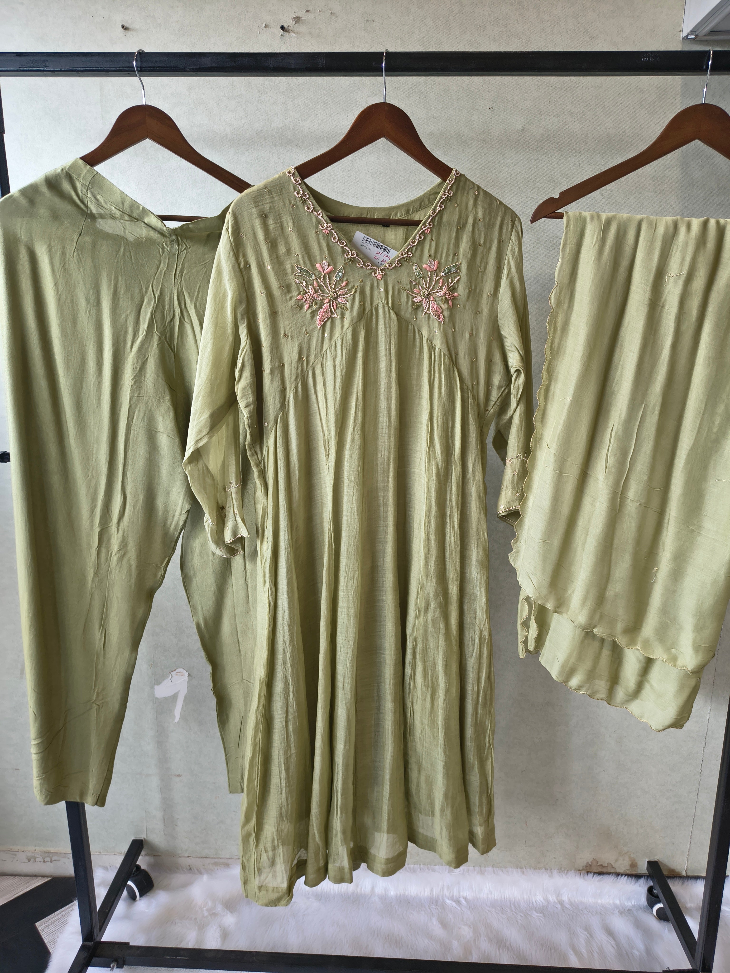 Image of Premium Olive Green Embroidered A-Line Kurta Set with Dupatta