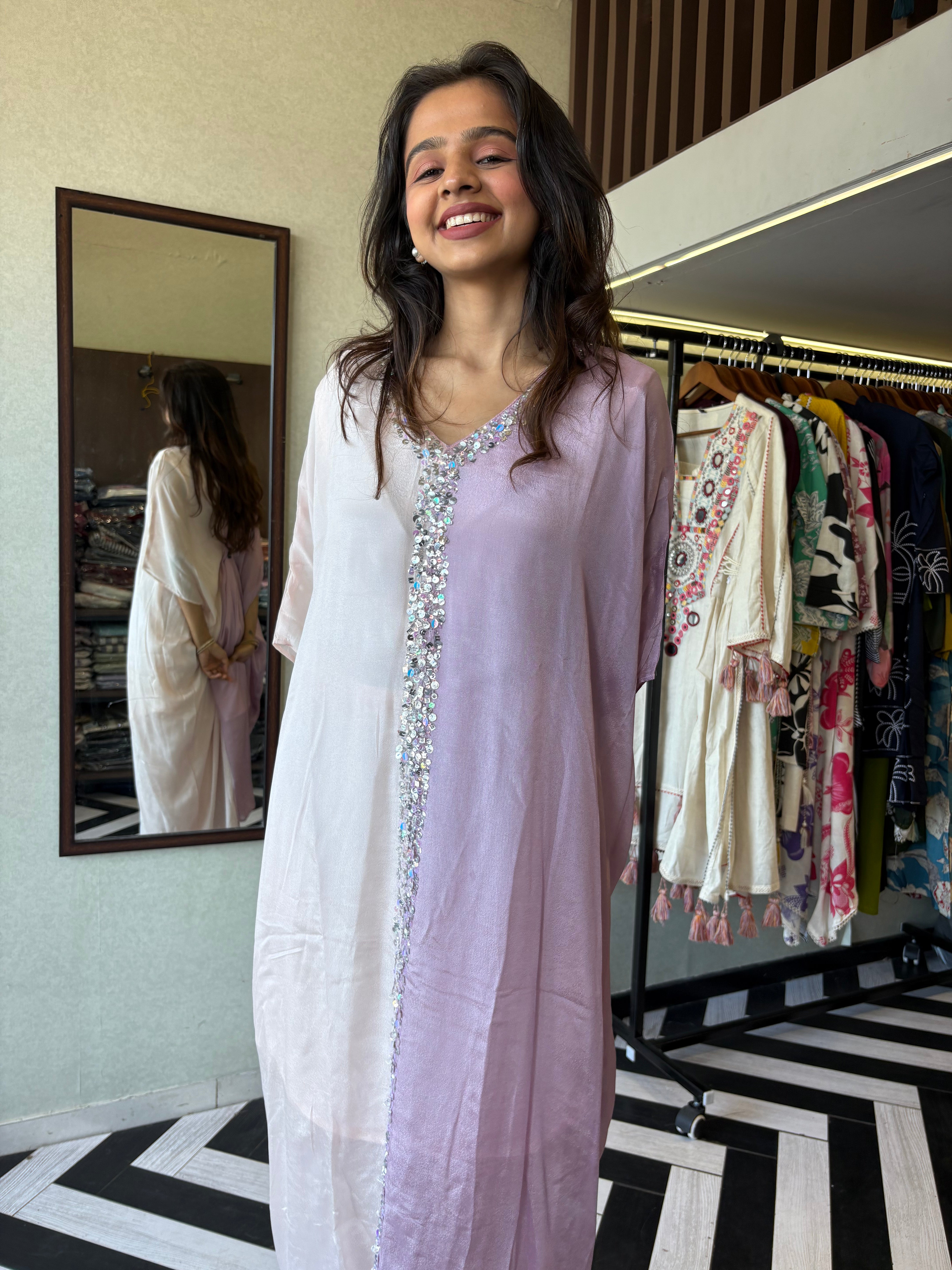 Image of Turn heads in this elegant 3-piece Indo-Western beauty crafted from pure crepe with a silk base - featuring:

Gorgeous double-shade rose color

Center hand-sequence work that glistens with grace