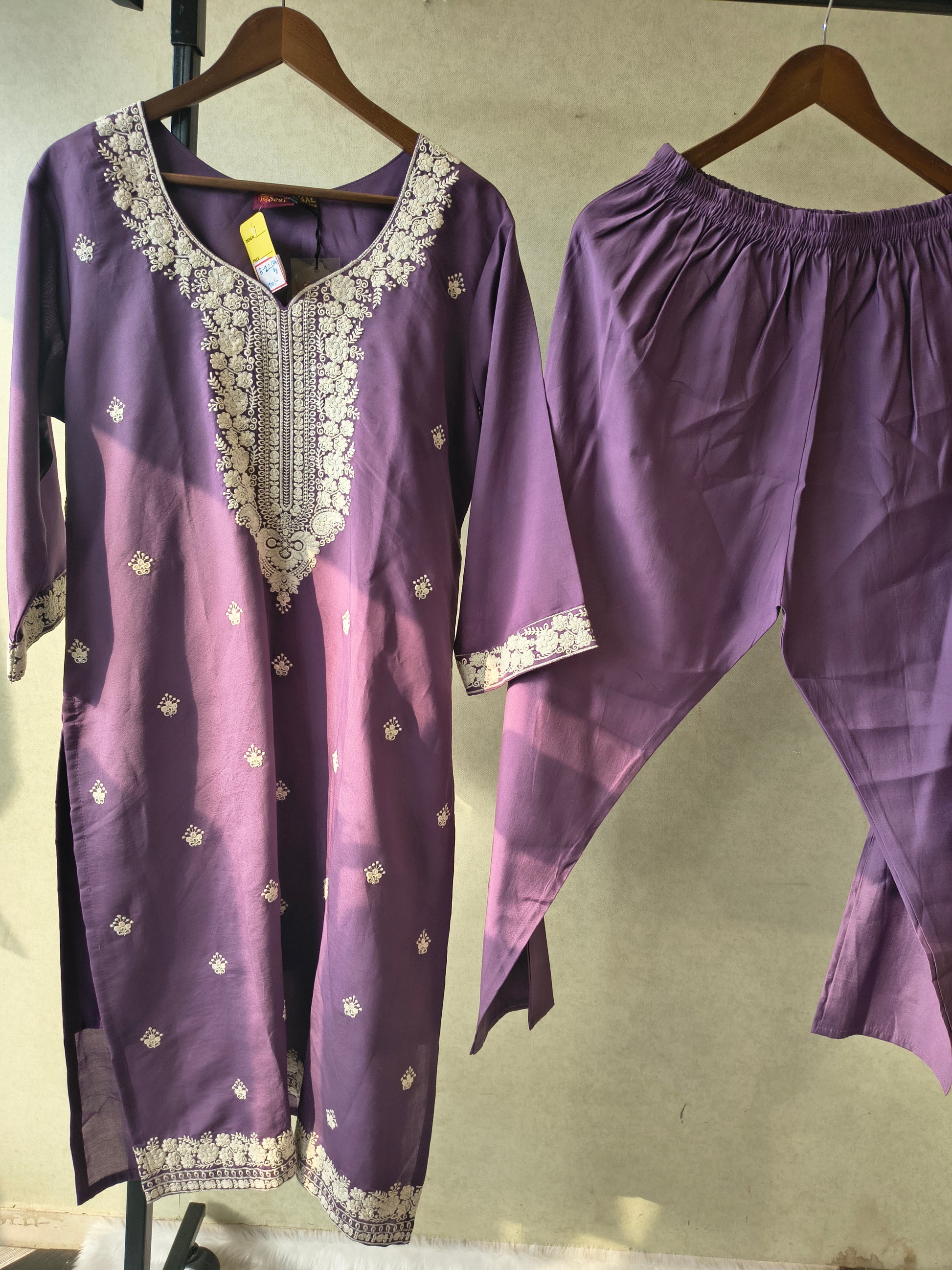 Premium Lavender Embroidered Kurta Set with Chikankari Work & Organza Dupatta