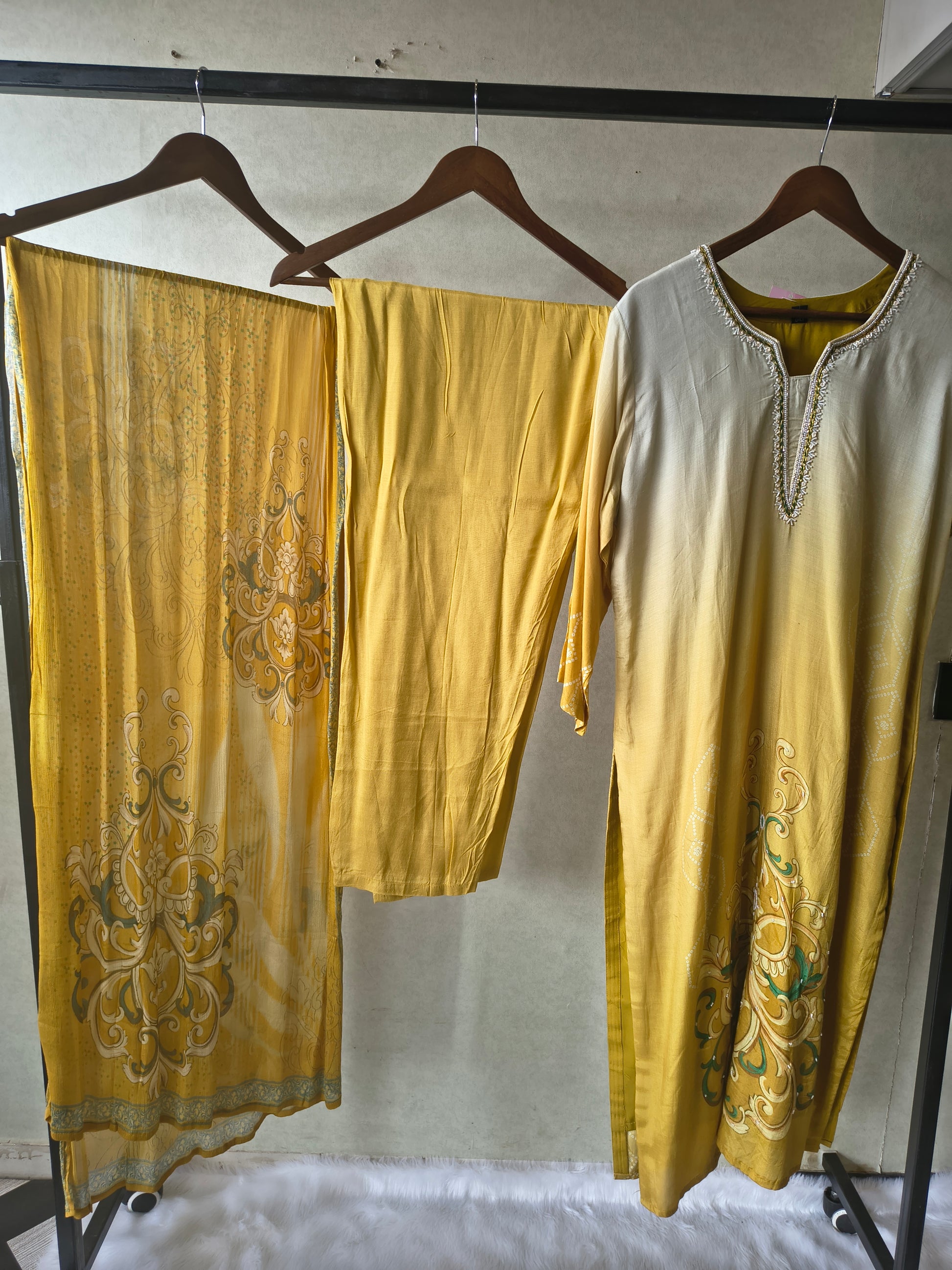 Premium Mustard Yellow Ornamental Print Straight Kurta Set with Designer Dupatta & Straight Pants