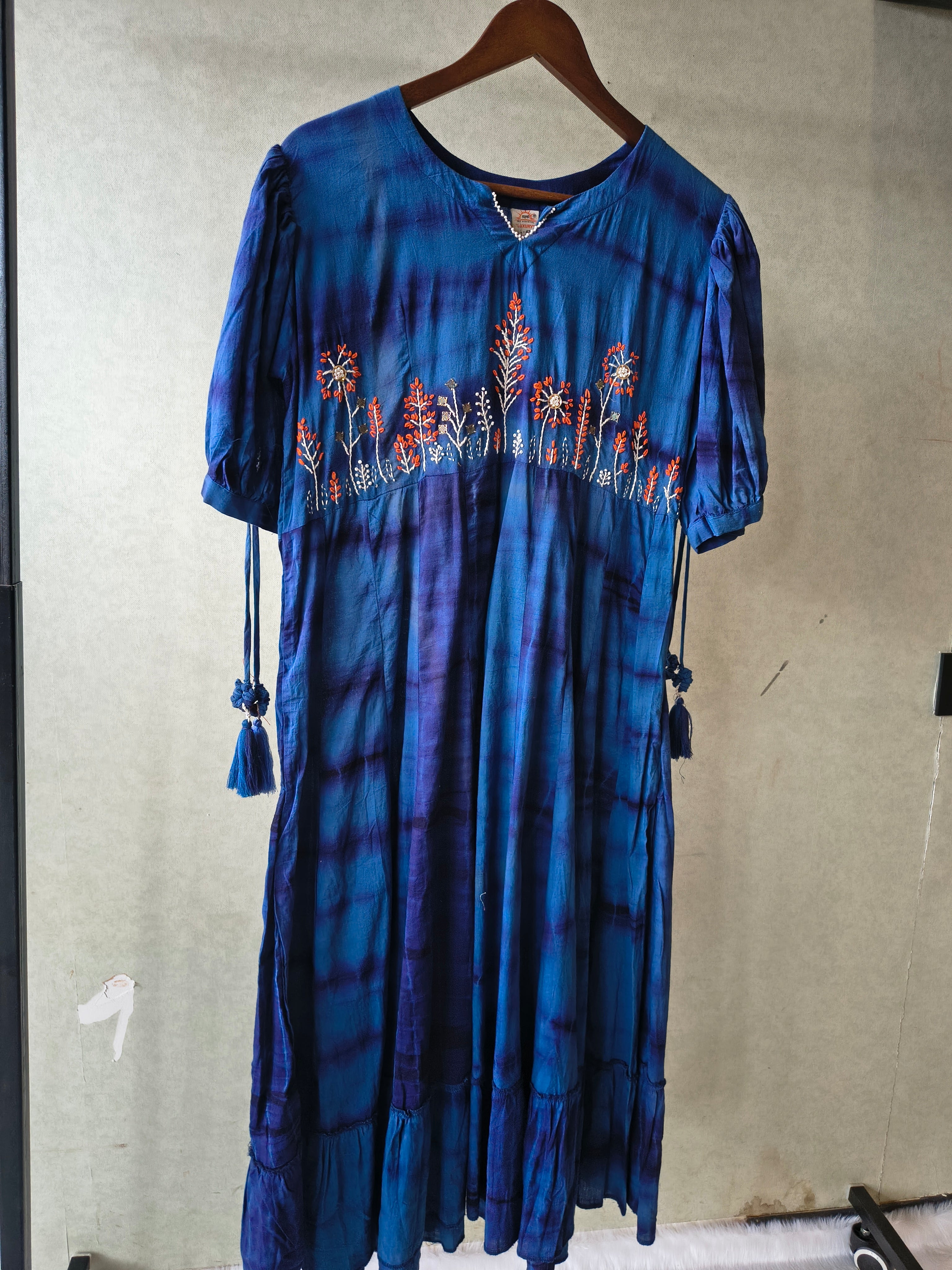 Image of Premium Indigo Tie-Dye Embroidered Cotton Flared Dress