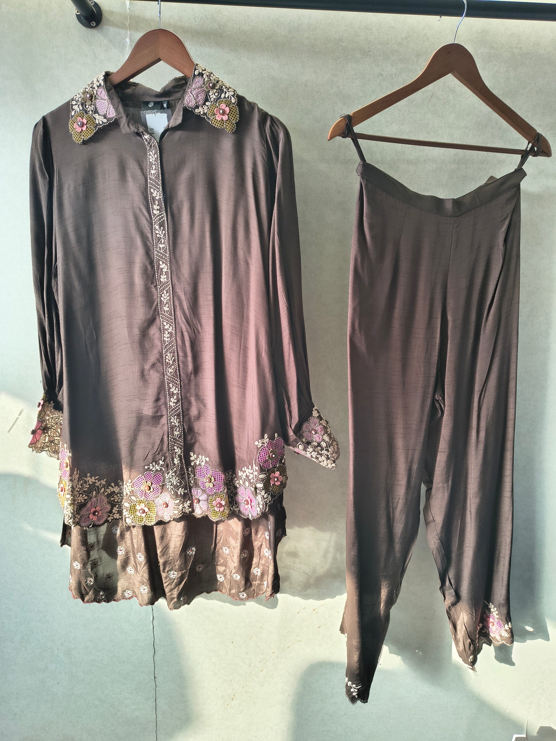 Chocolate Brown Designer Embroidered Co-Ord Set with 3D Floral Appliqué & Organza Hem