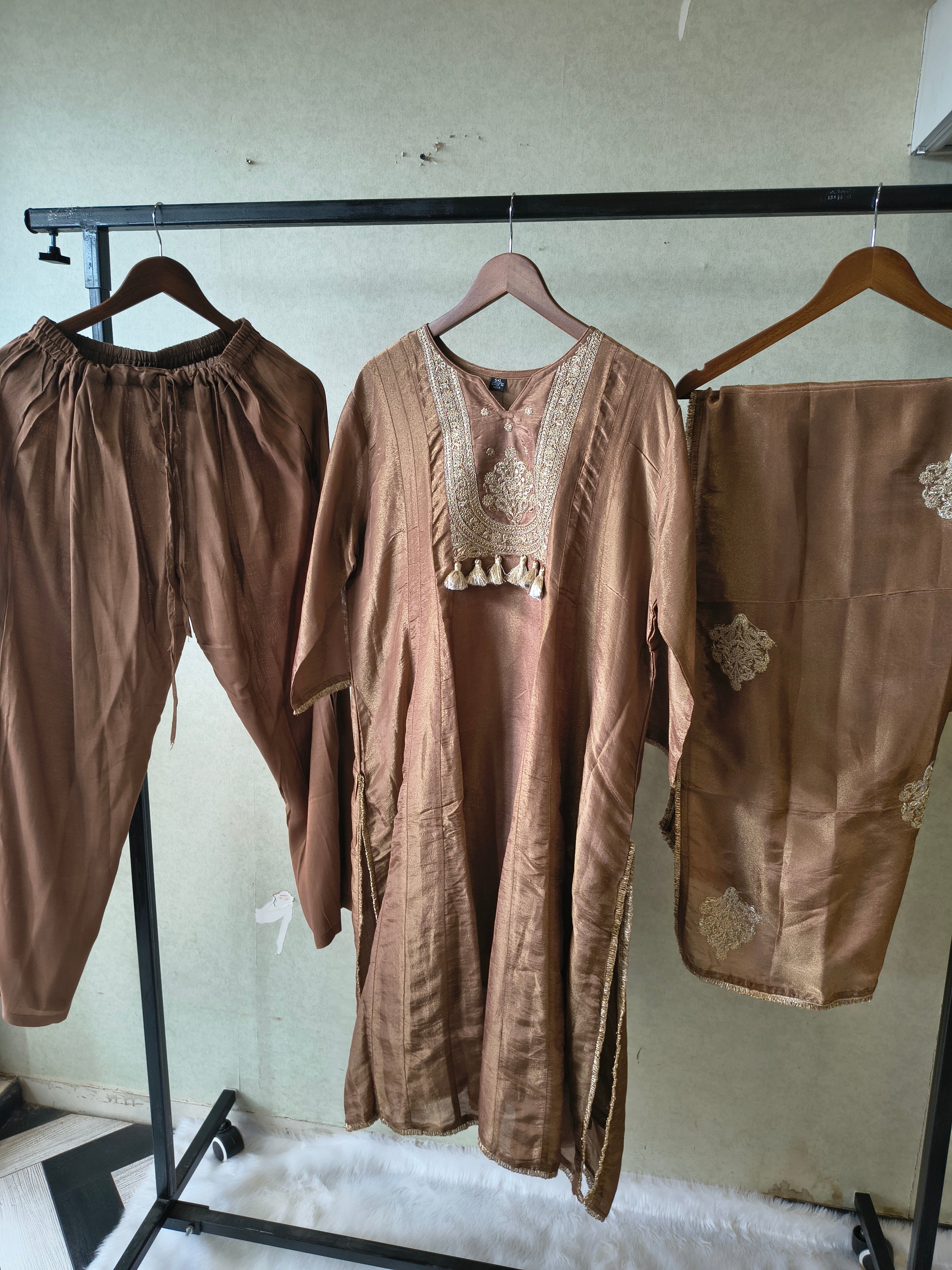 Image of Premium Copper Brown Embroidered A-Line Kurta Set with Dupatta