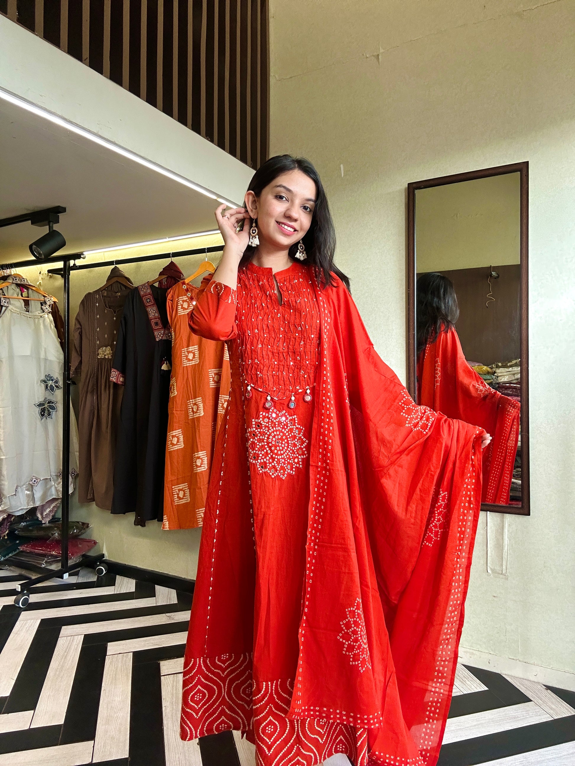 Pure Mull Cotton Bandhani 3 Piece Anarkali Set