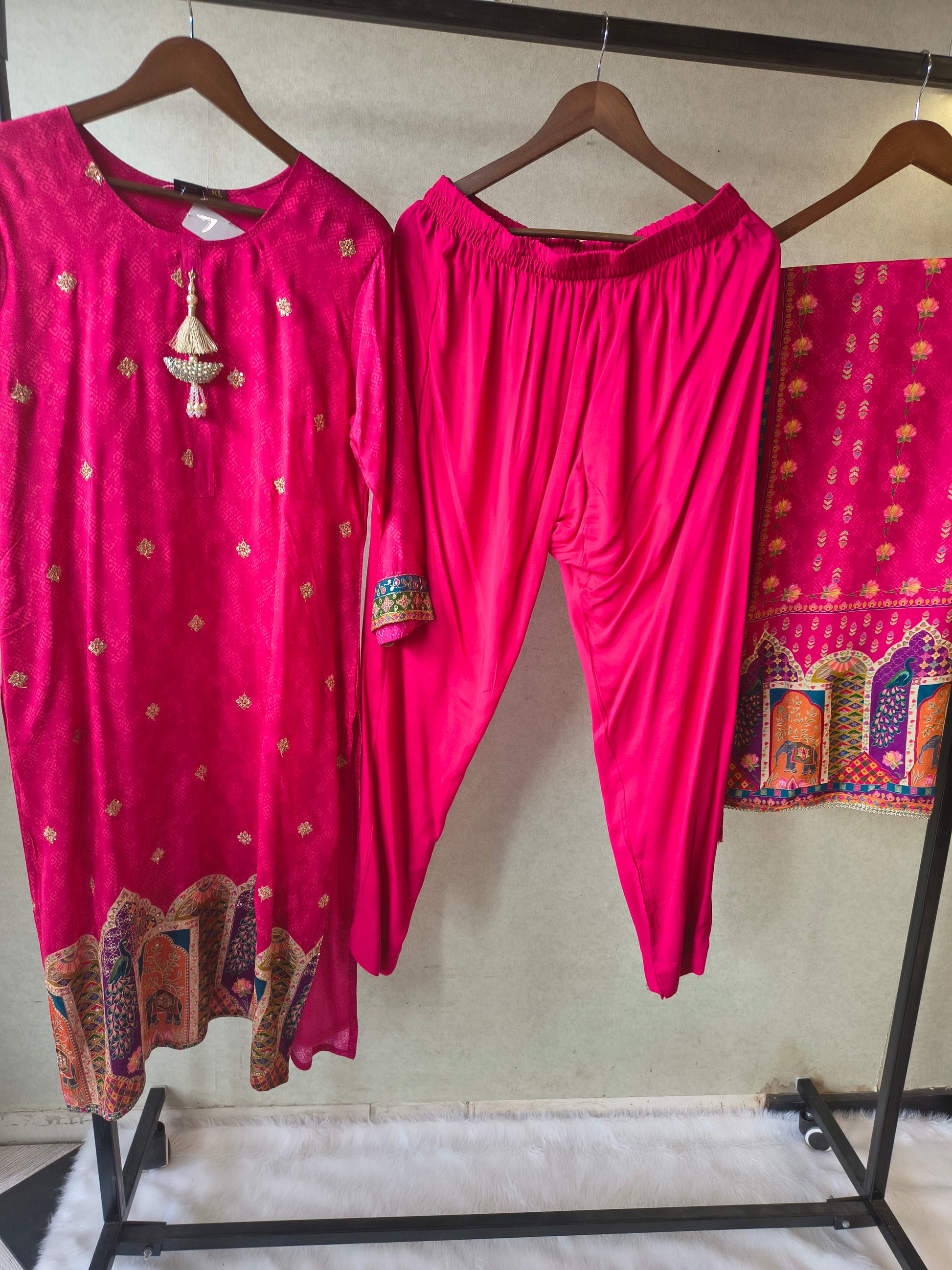 Premium Rani Pink Printed Straight Kurta with Cigarette Pants & Dupatta Set