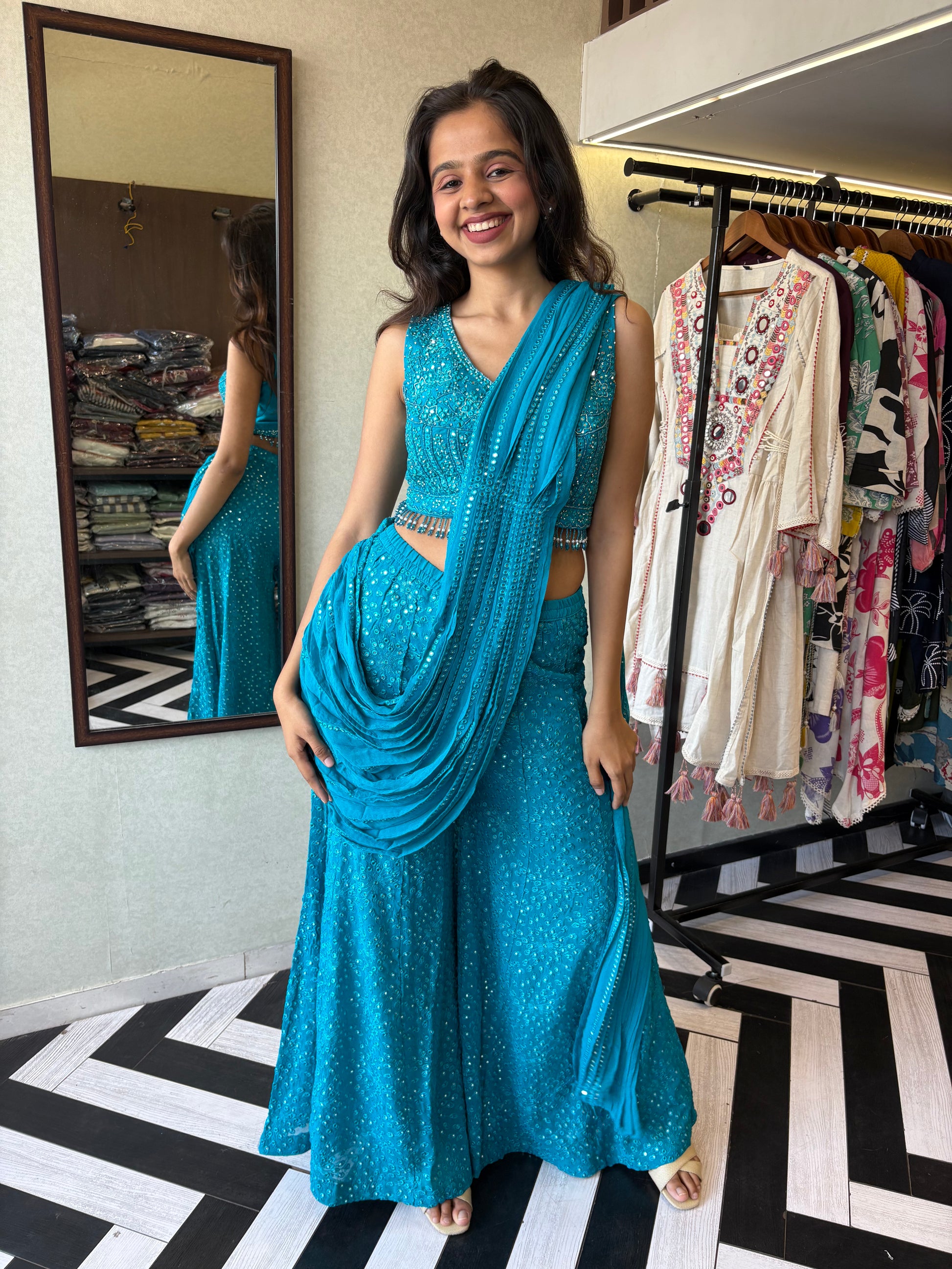 Our Deep Blue Indo-Western Plazzo Set - where bold meets beautiful!