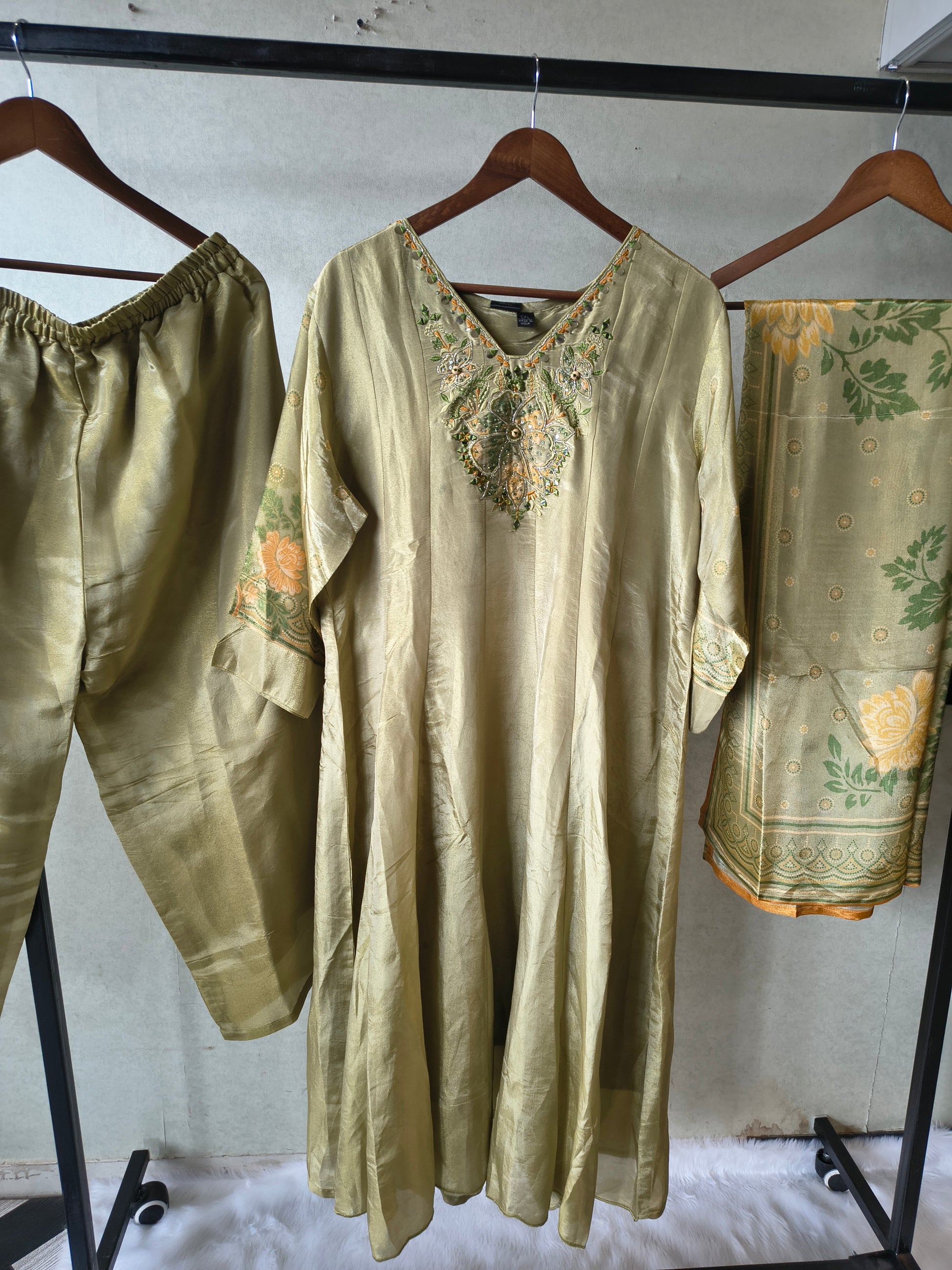 Premium Pistachio Green Embroidered Silk Kurta Set with Printed Dupatta