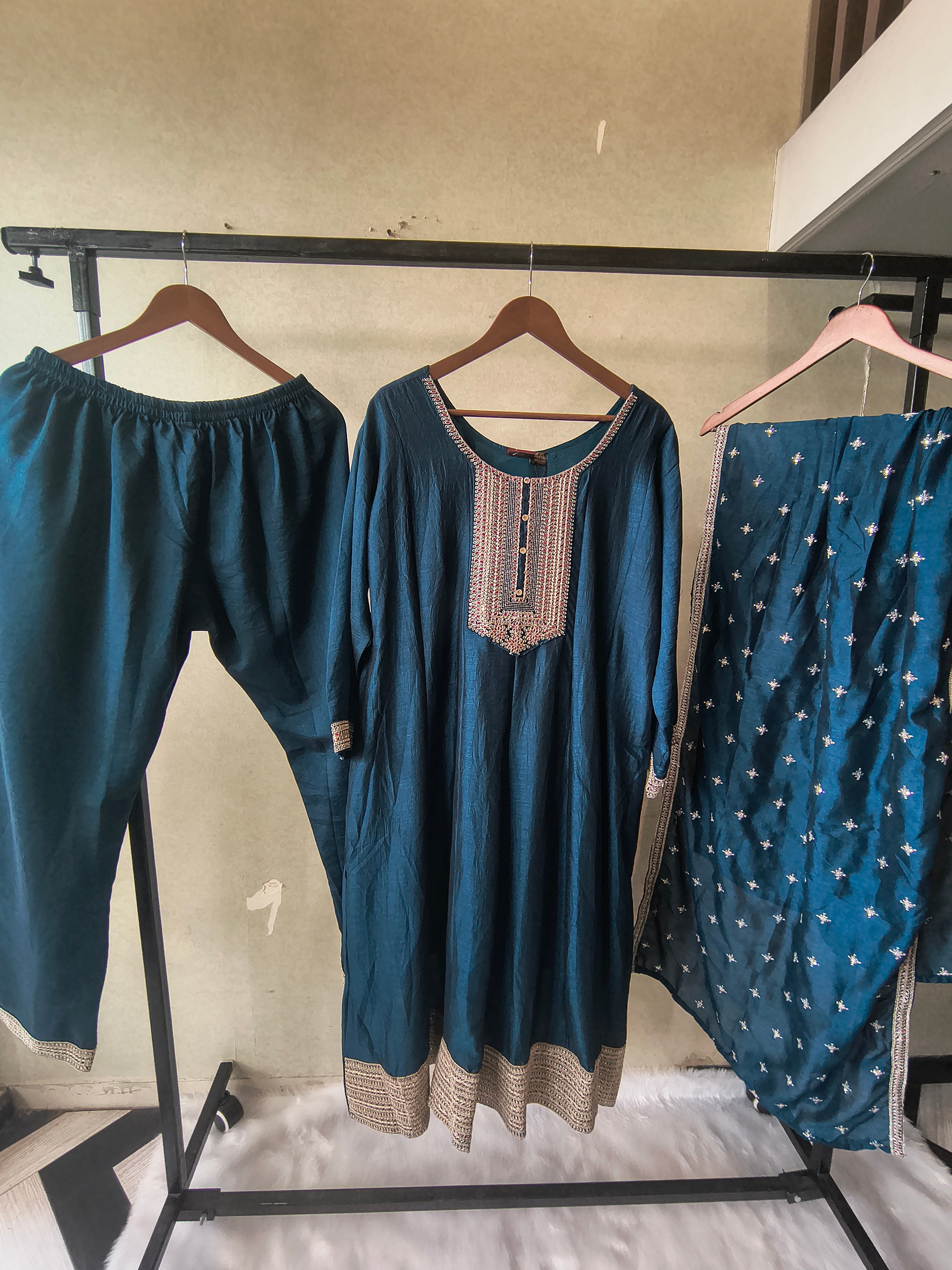Image of Premium Teal Blue Embroidered Kurta Set with Dupatta