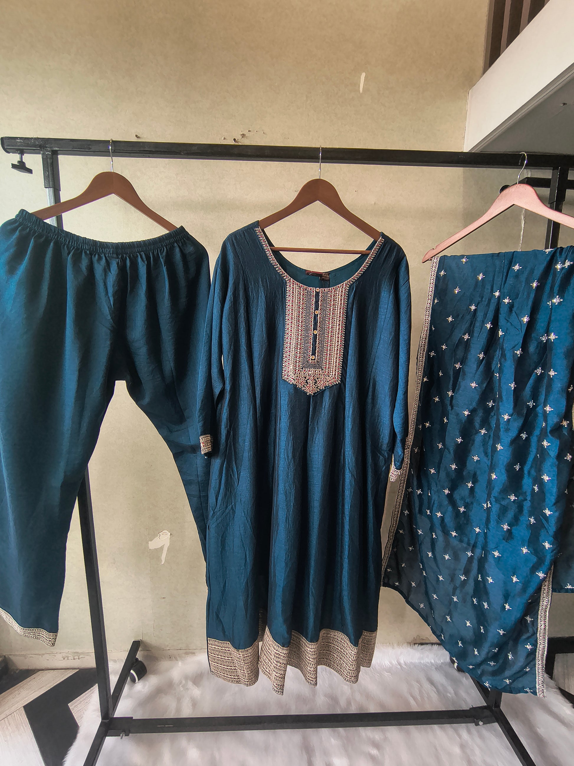 Premium Teal Blue Embroidered Kurta Set with Dupatta