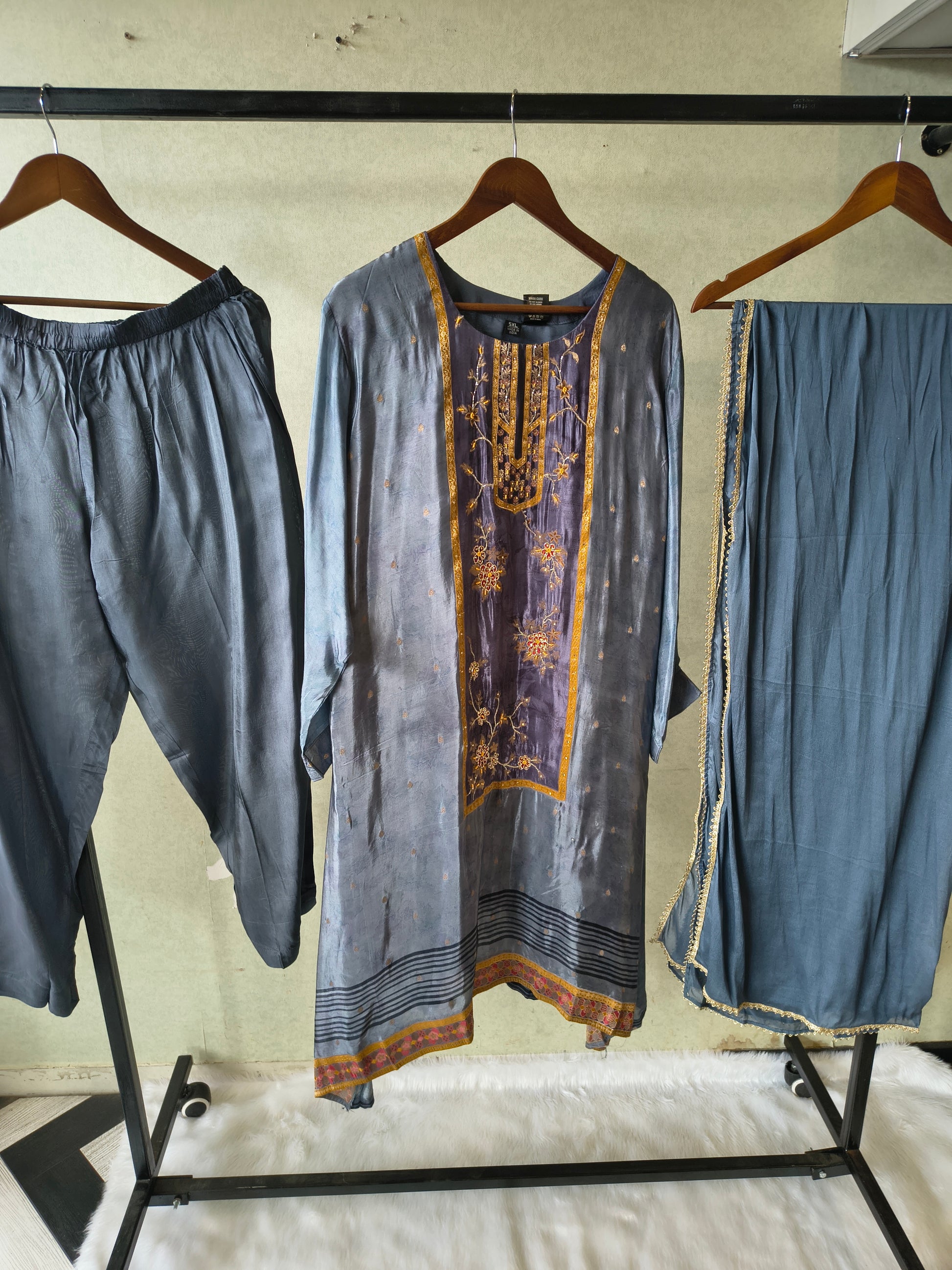 Steel Blue Designer Silk Blend Embroidered Kurta Set with Pants & Dupatta