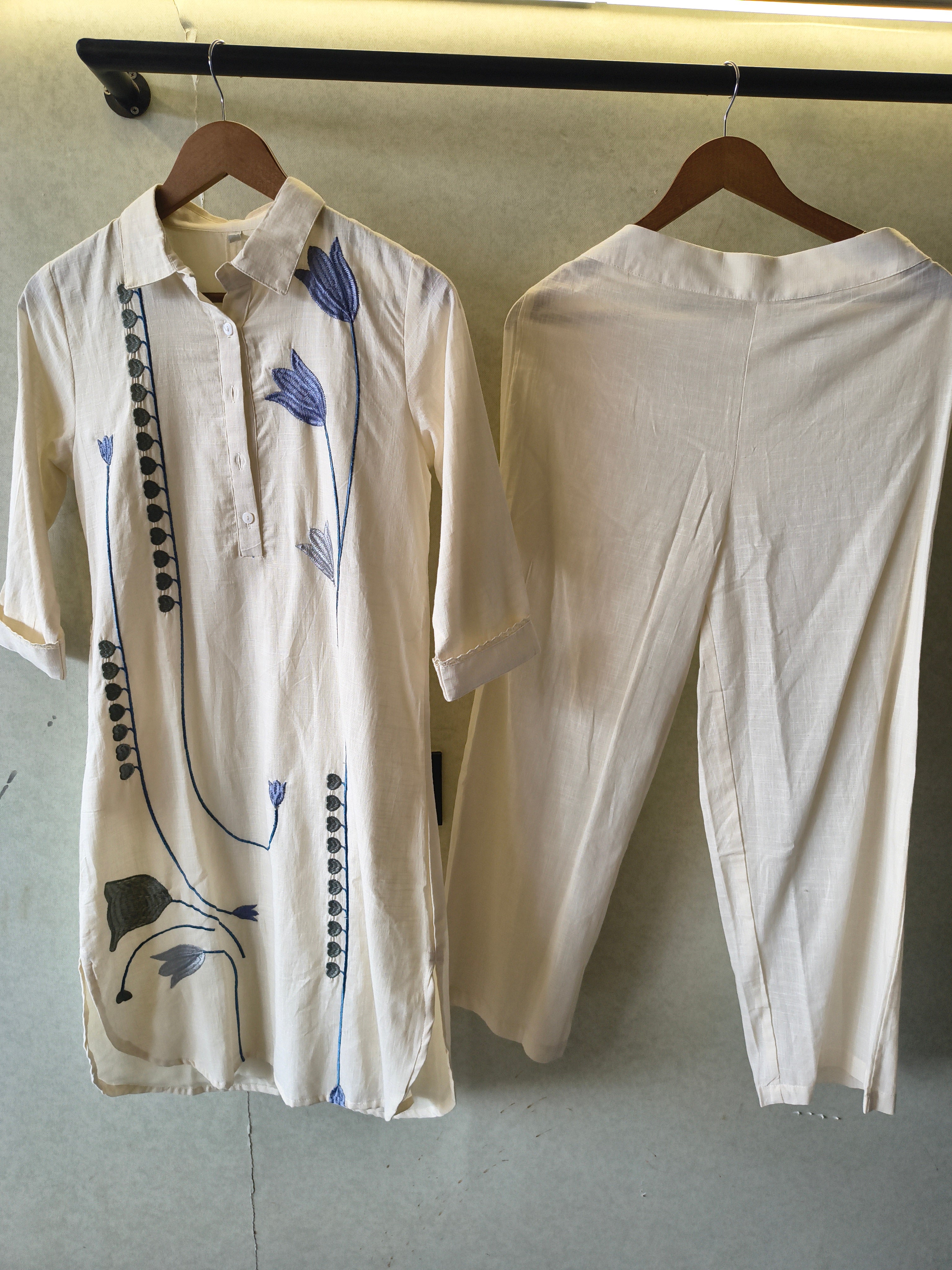 Image of Ivory Botanical Embroidered Cotton Co-Ord Set