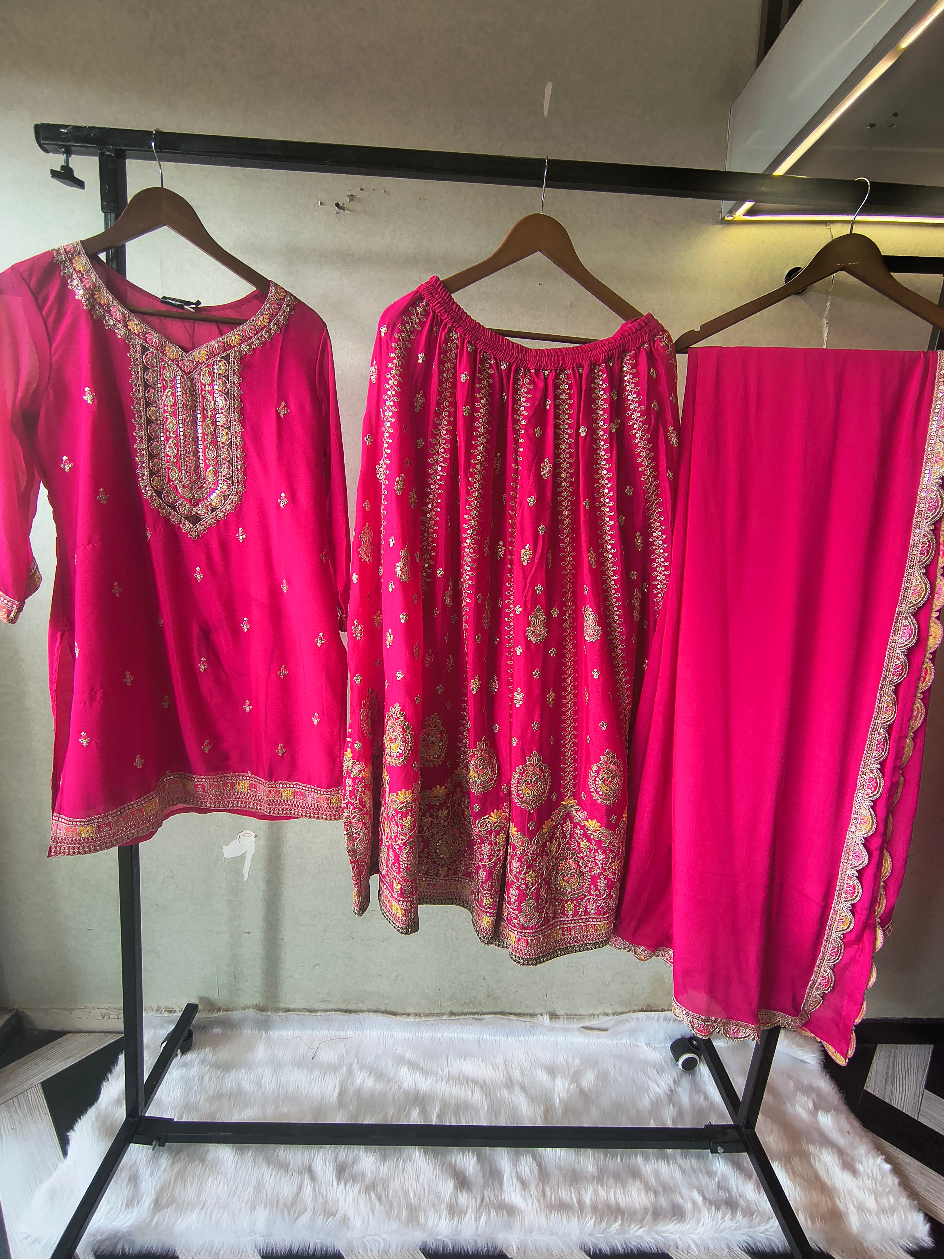 Image of Rani Pink Embroidered Kurta Sharara Set with Scalloped Dupatta – Premium 3 Piece Festive Ensemble