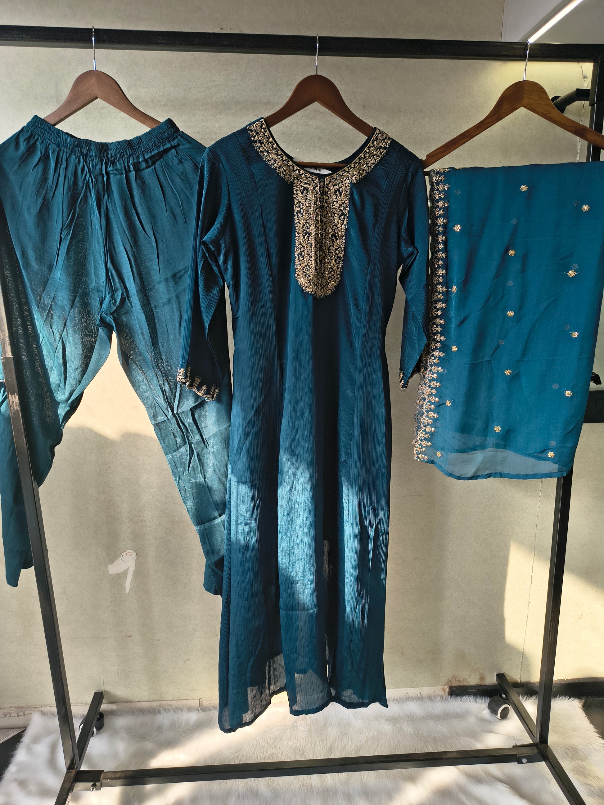 Premium Teal Blue Embroidered Straight Kurta with Salwar Pants & Embellished Dupatta Set