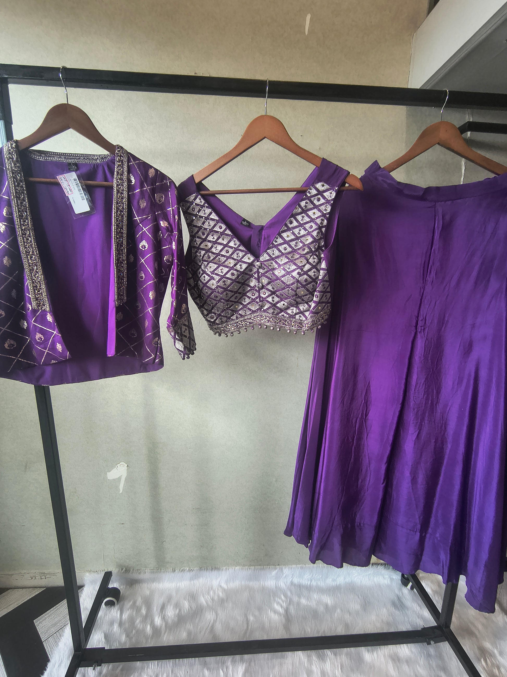 Royal Purple Mirror Embellished Blouse with Printed Jacket & Flared Palazzo – 3 Piece Designer Indo-Western Set