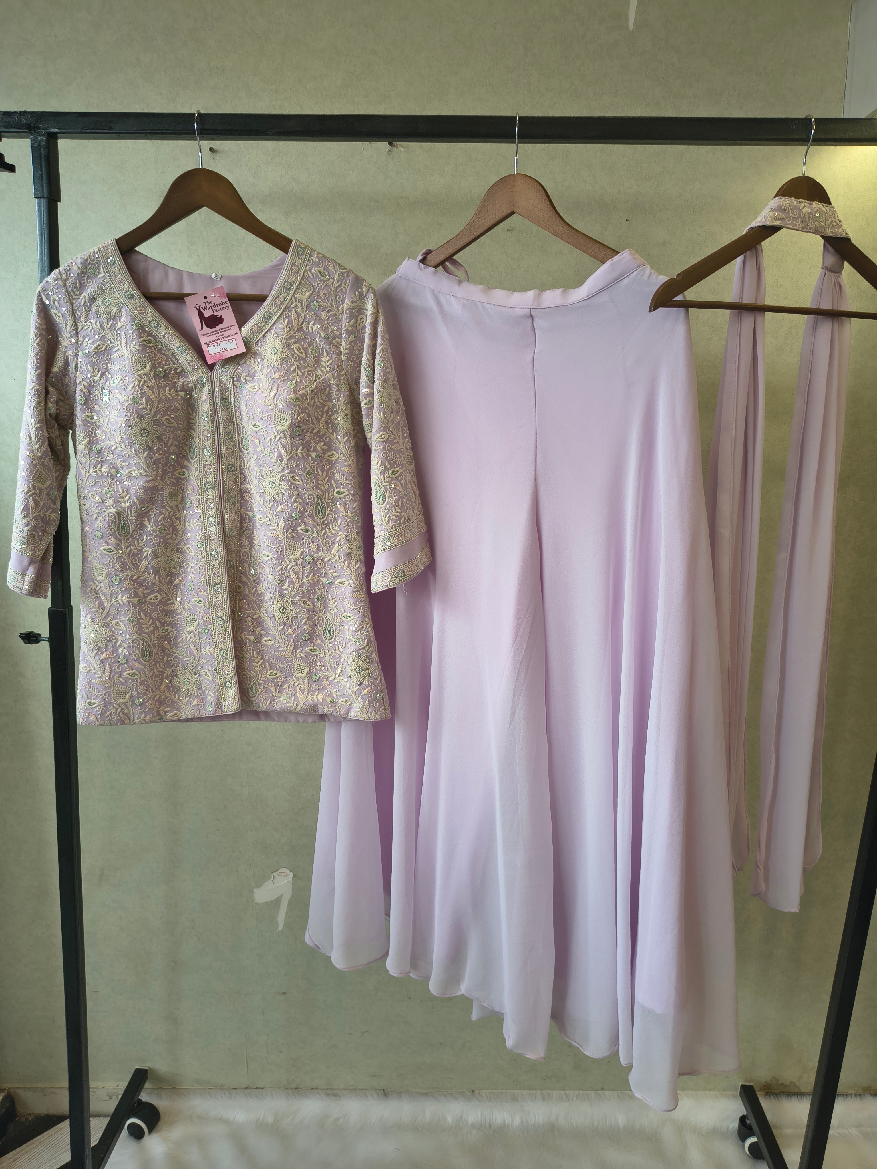 Image of Pastel Lilac Designer Embroidered Peplum Sharara Set with Chiffon Dupatta | Premium 3 Piece Festive Ensemble