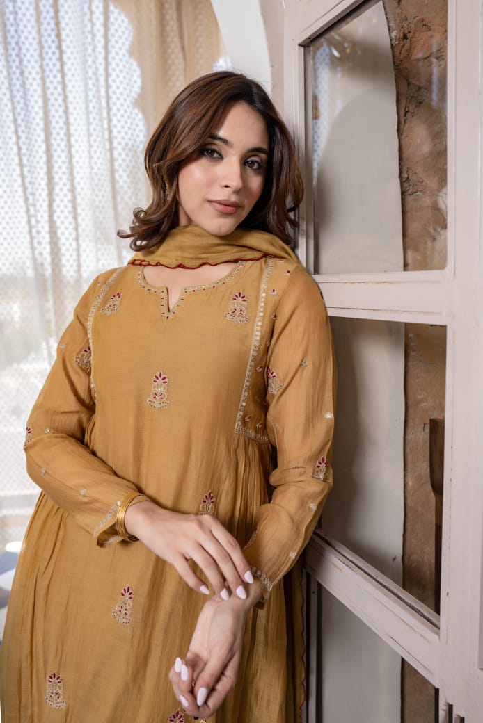 Pure Mull Chanderi 3 Piece Anarkali Set