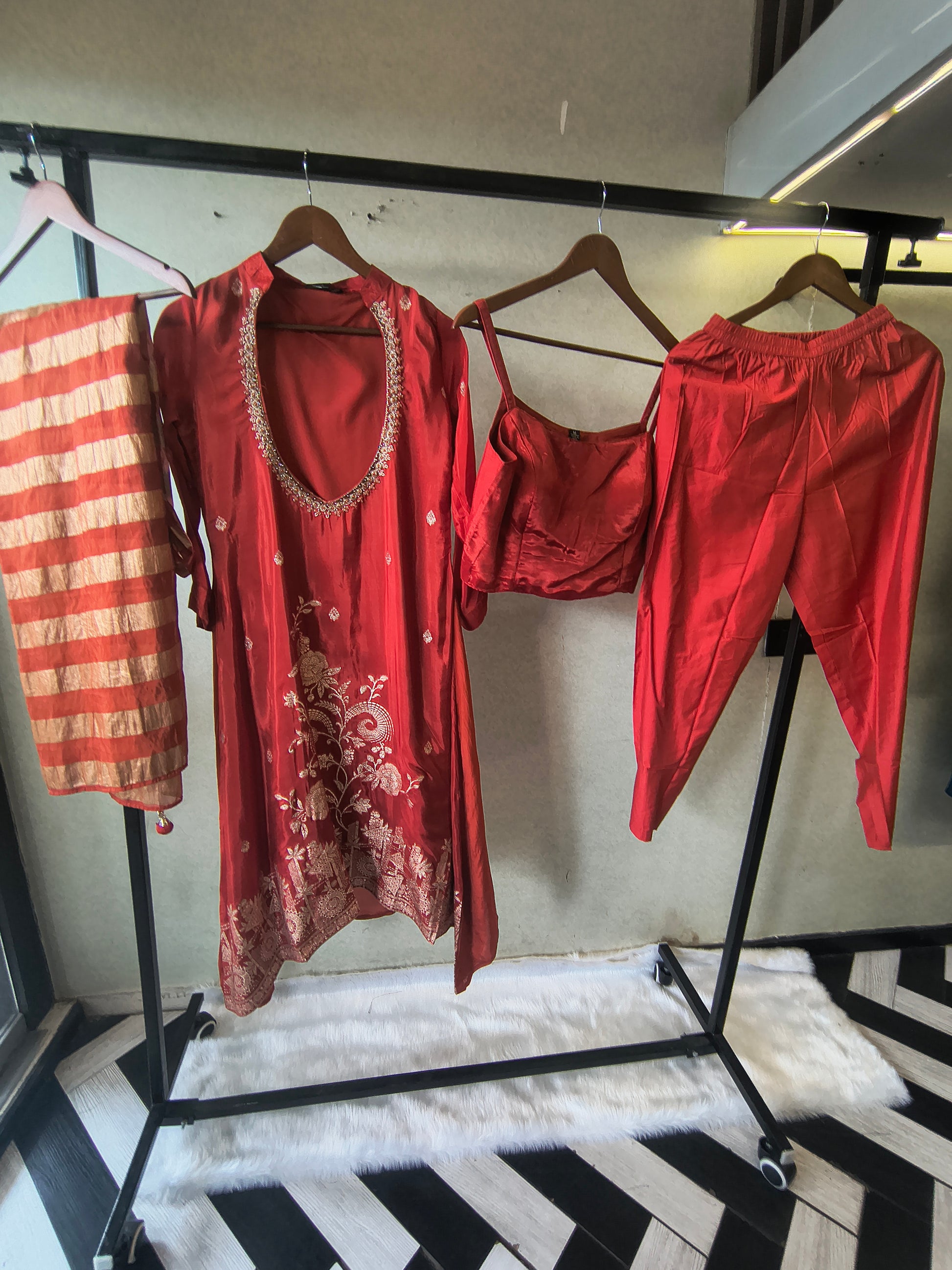 Ruby Red Embroidered Asymmetrical Kurta with Inner, Cigarette Pants & Striped Dupatta – 4 Piece Designer Indo-Western Set