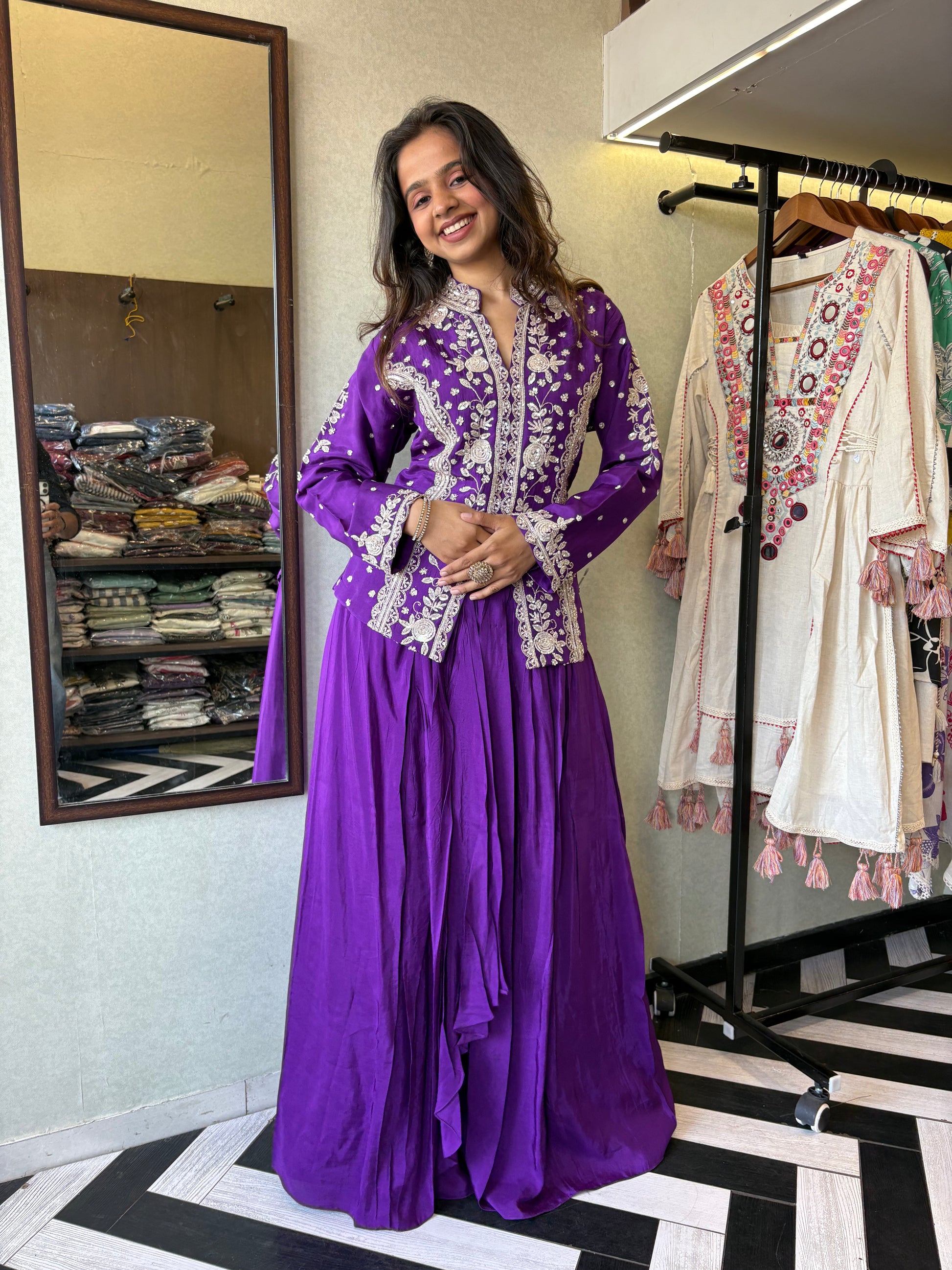 Be the showstopper in this premium pure silk Indo-Western 3-piece set