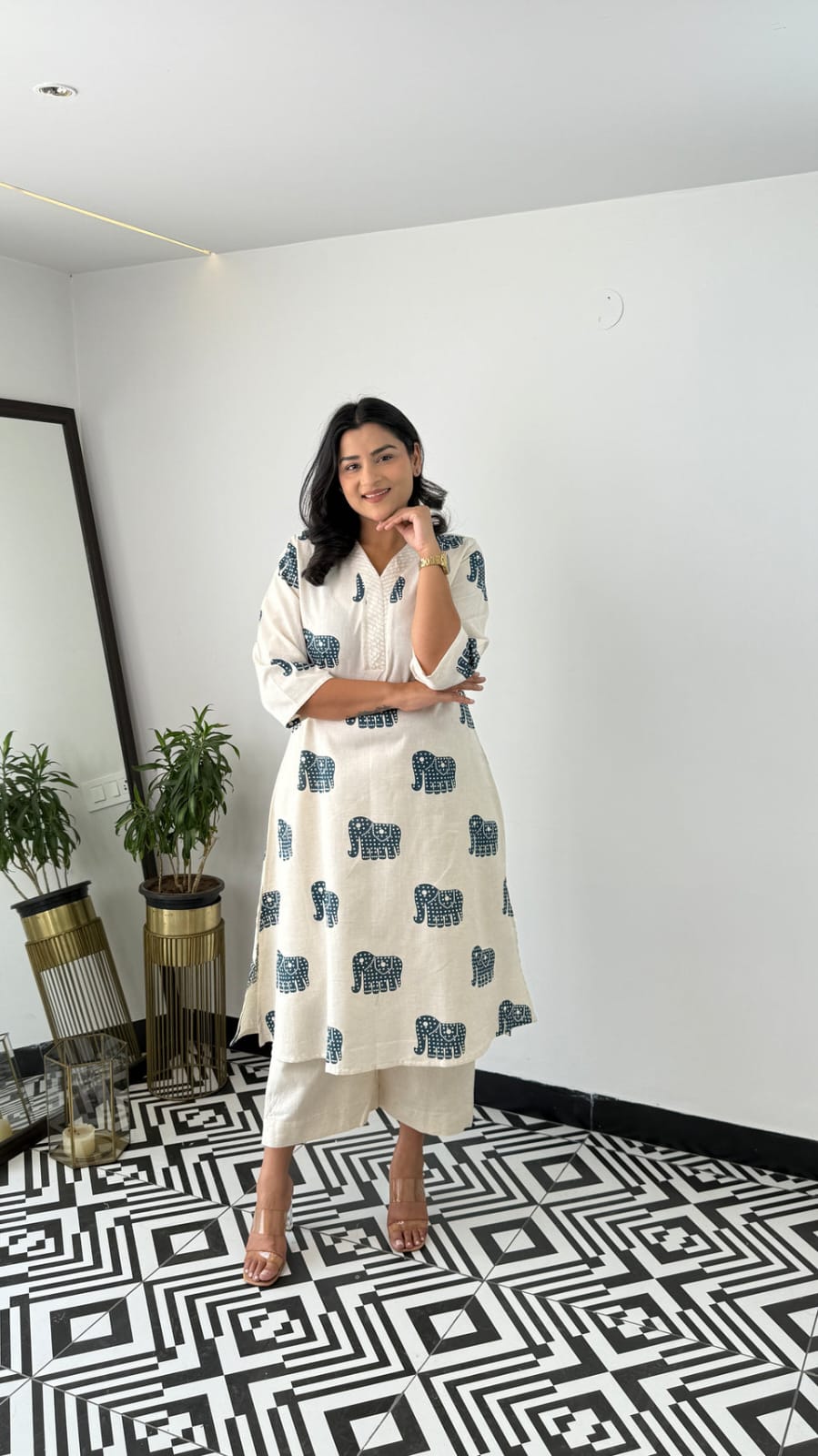 Image of Explore Breathable & Embroidered and beautiful elephant print all over kurti Co-ord Sets your go-to for any occasion