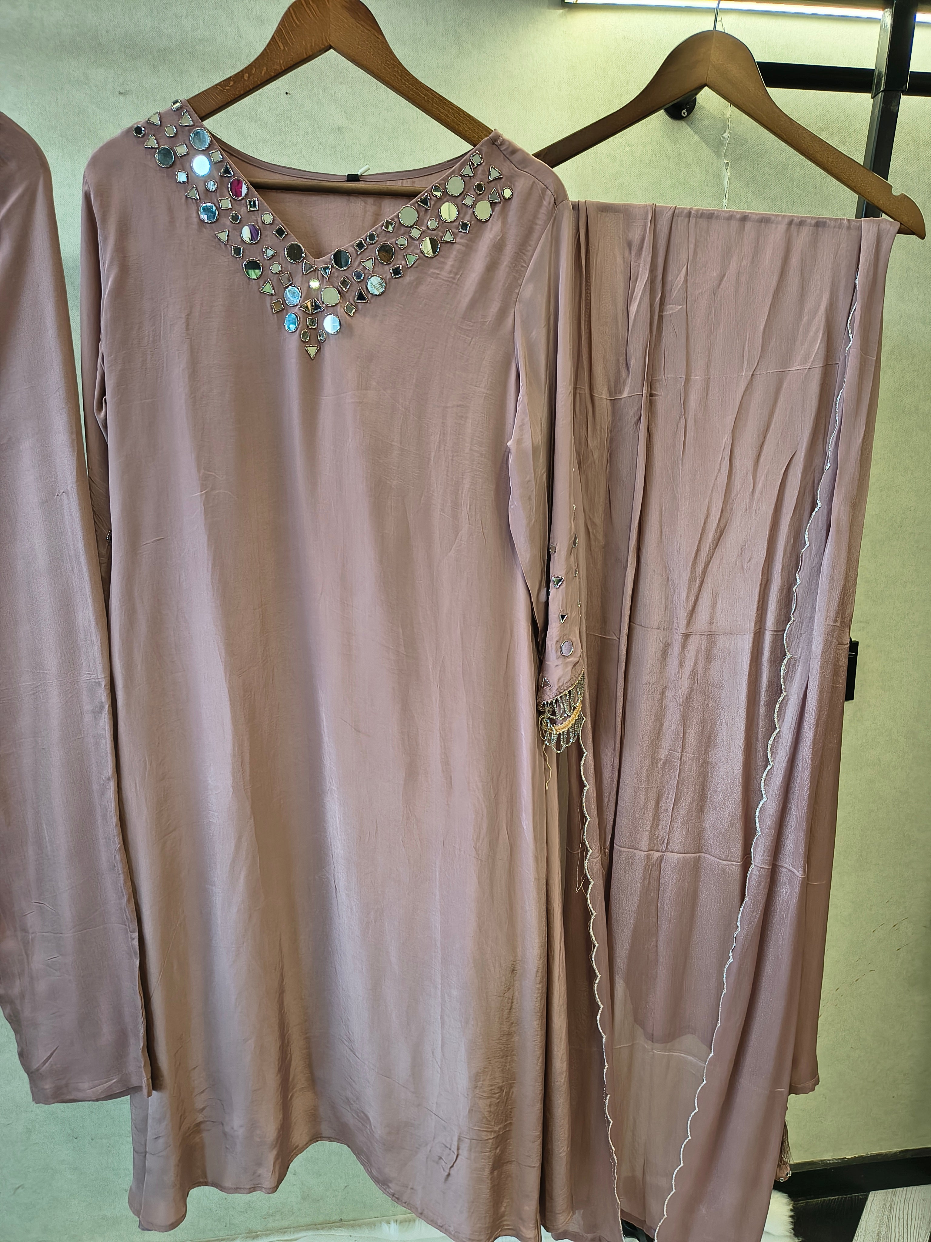 Image of Dusty Mauve Mirror Embellished Straight Kurta Set with Matching Pants & Scalloped Dupatta | Premium 3 Piece Festive Ensemble
