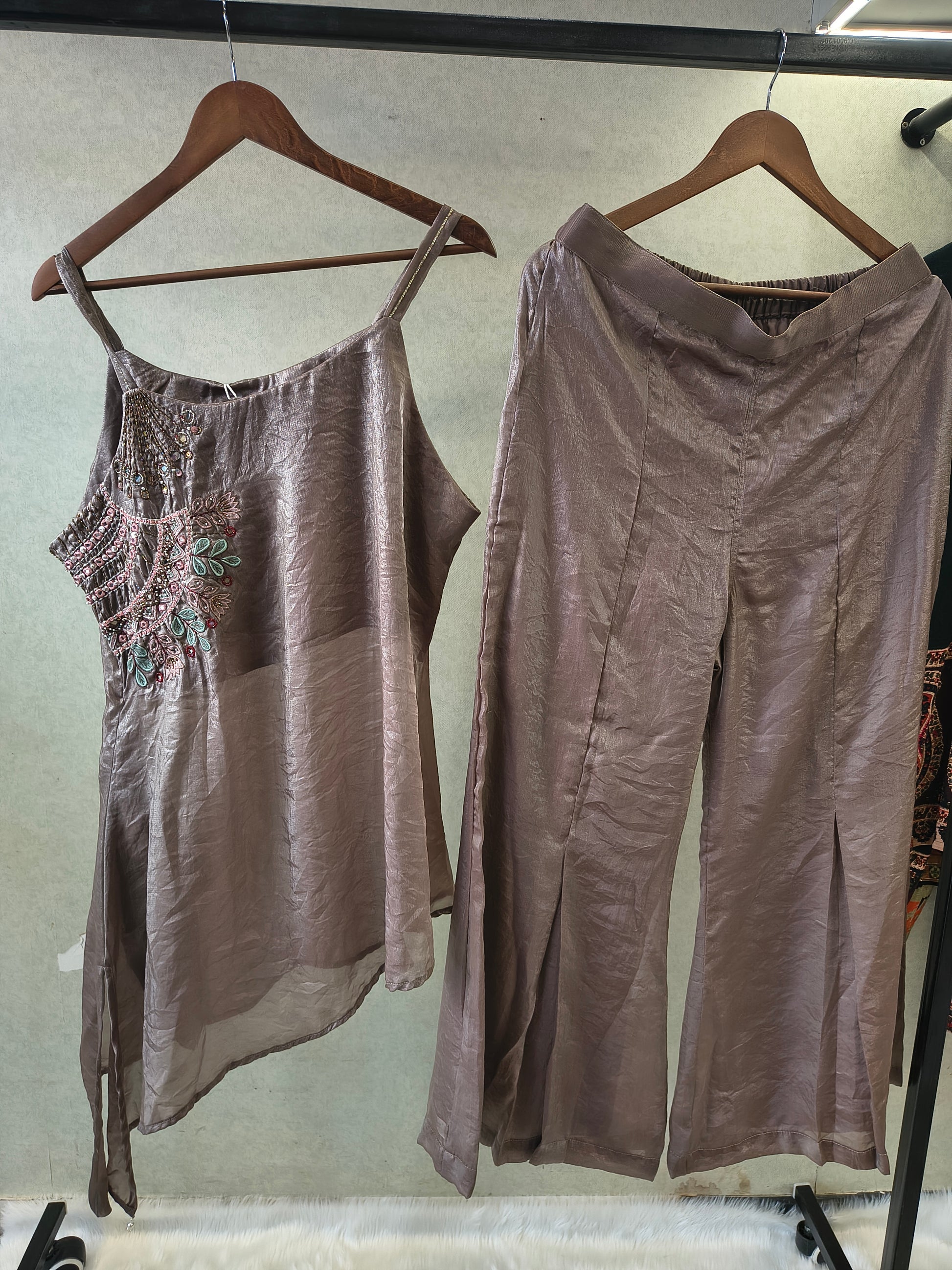 Steel Grey Asymmetrical Embroidered Indo-Western Kurta Set with Straight Pants & Dupatta – 3 Piece Designer Co-Ord Set