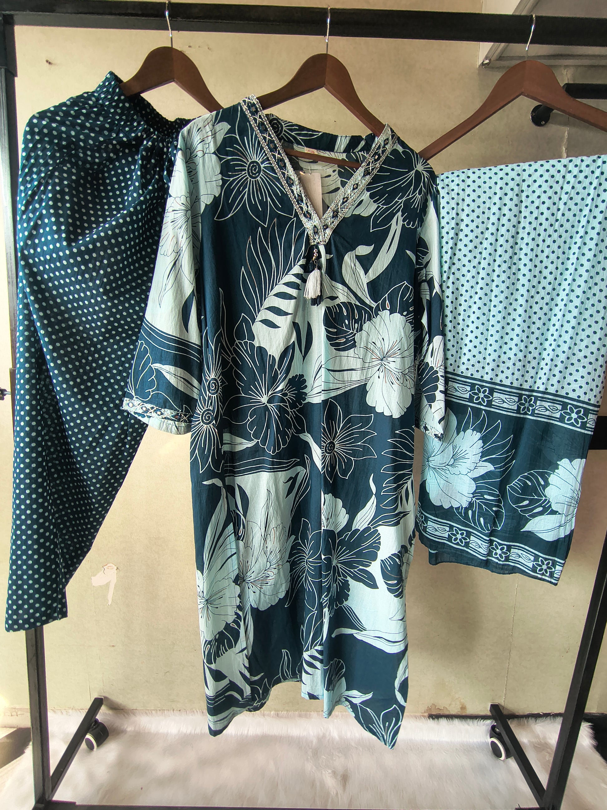 Premium Navy Blue Floral Printed Kurta Set with Polka Dot Pants & Printed Dupatta
