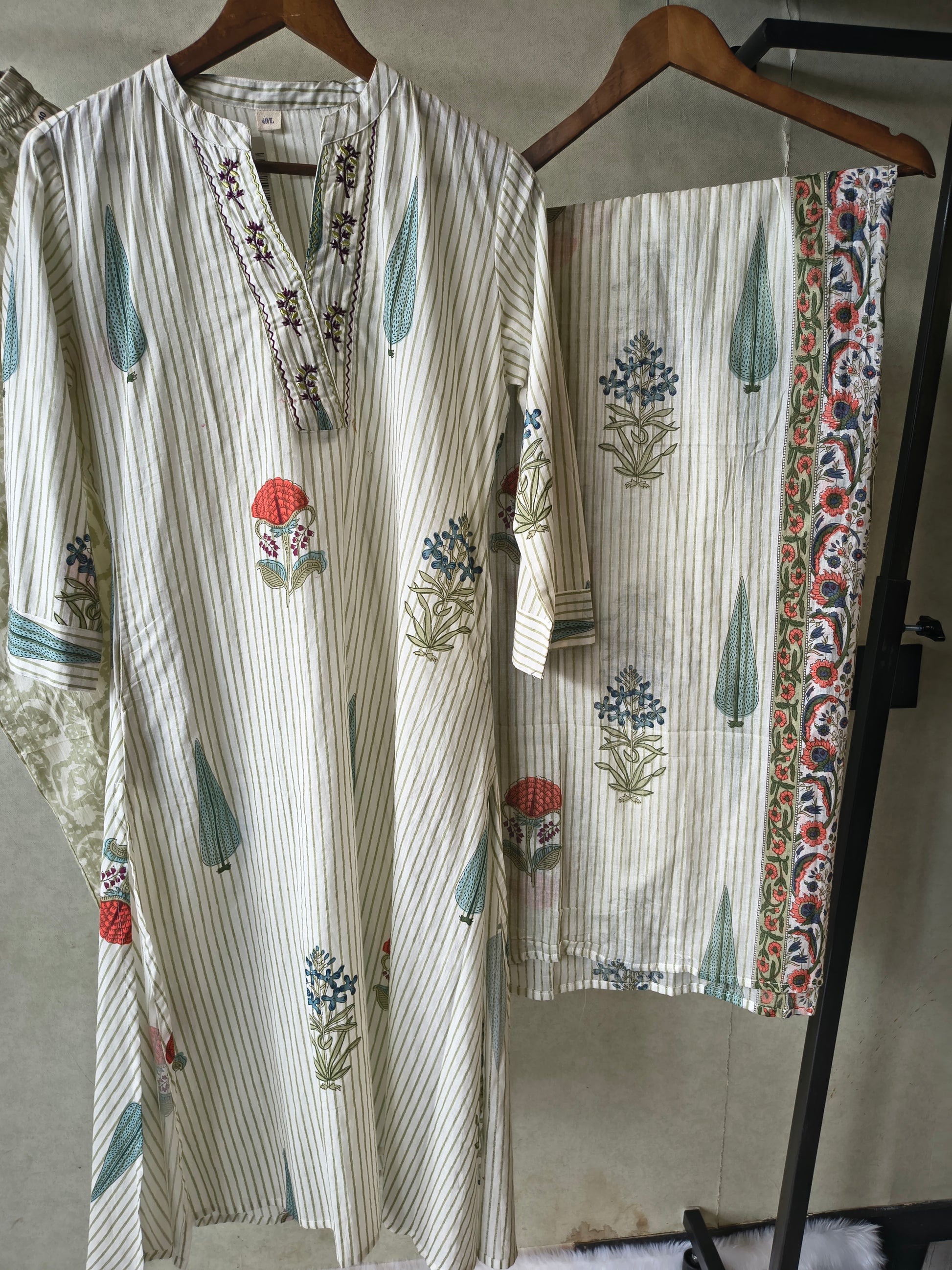 Premium Ivory Handblock Printed Cotton Straight Kurta Set with Printed Pants & Dupatta