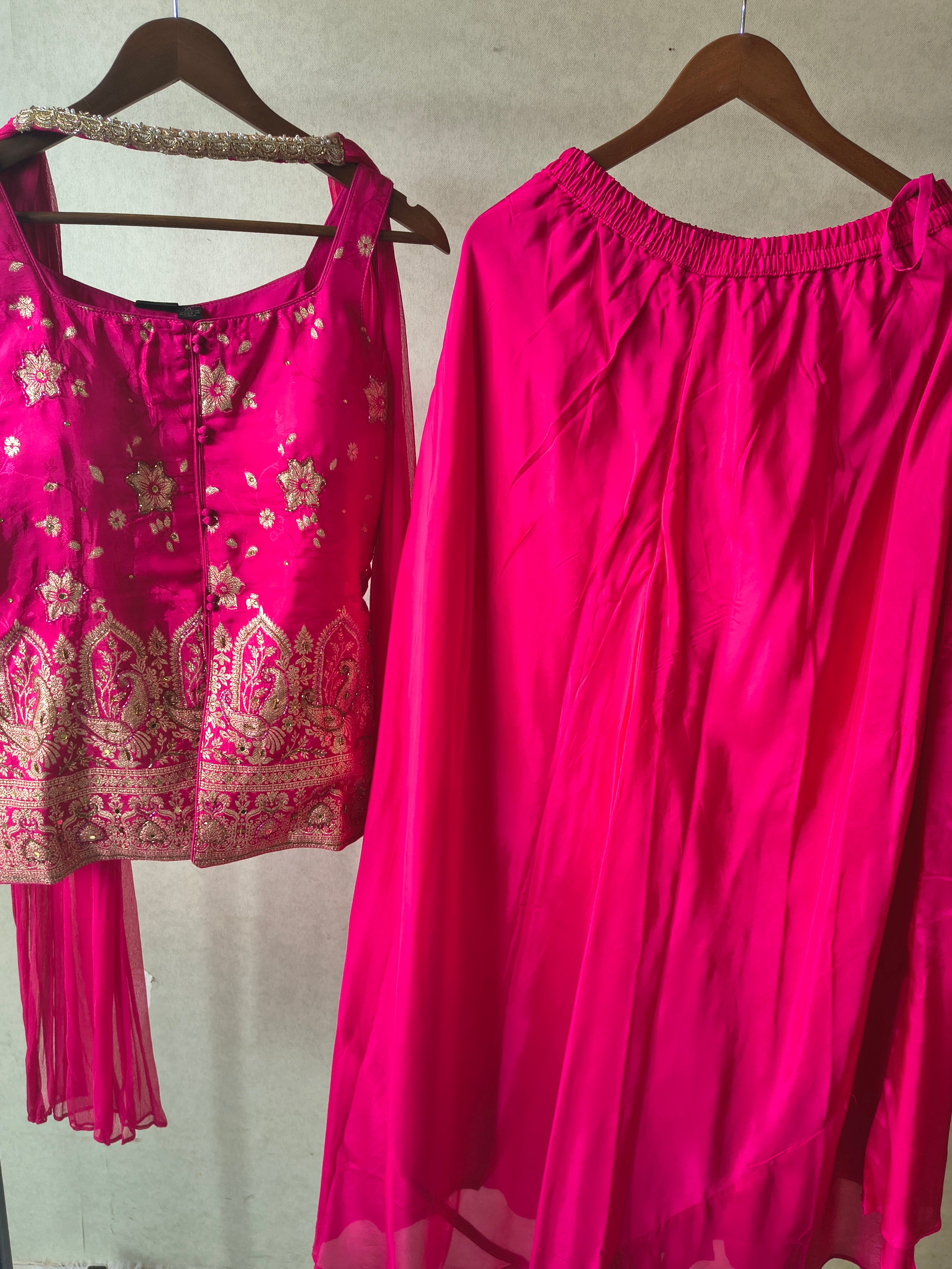Image of Premium Rani Pink Satin Silk 3-Piece Lehenga Set with Heavy Zari Embroidered Blouse & Dupatta