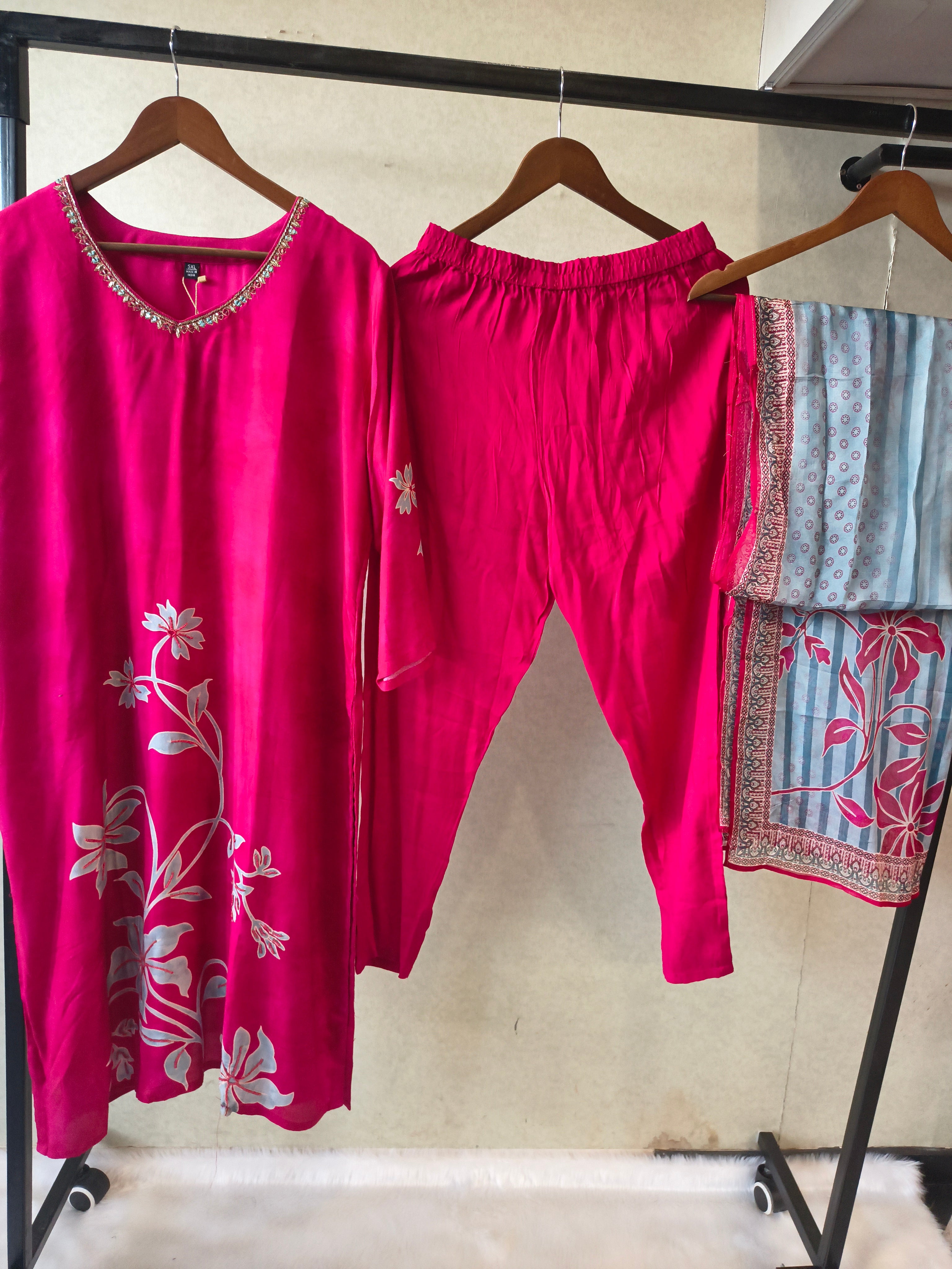 Image of Premium Fuchsia Floral Printed Kurta Set with Embellished Neckline & Contrast Dupatta